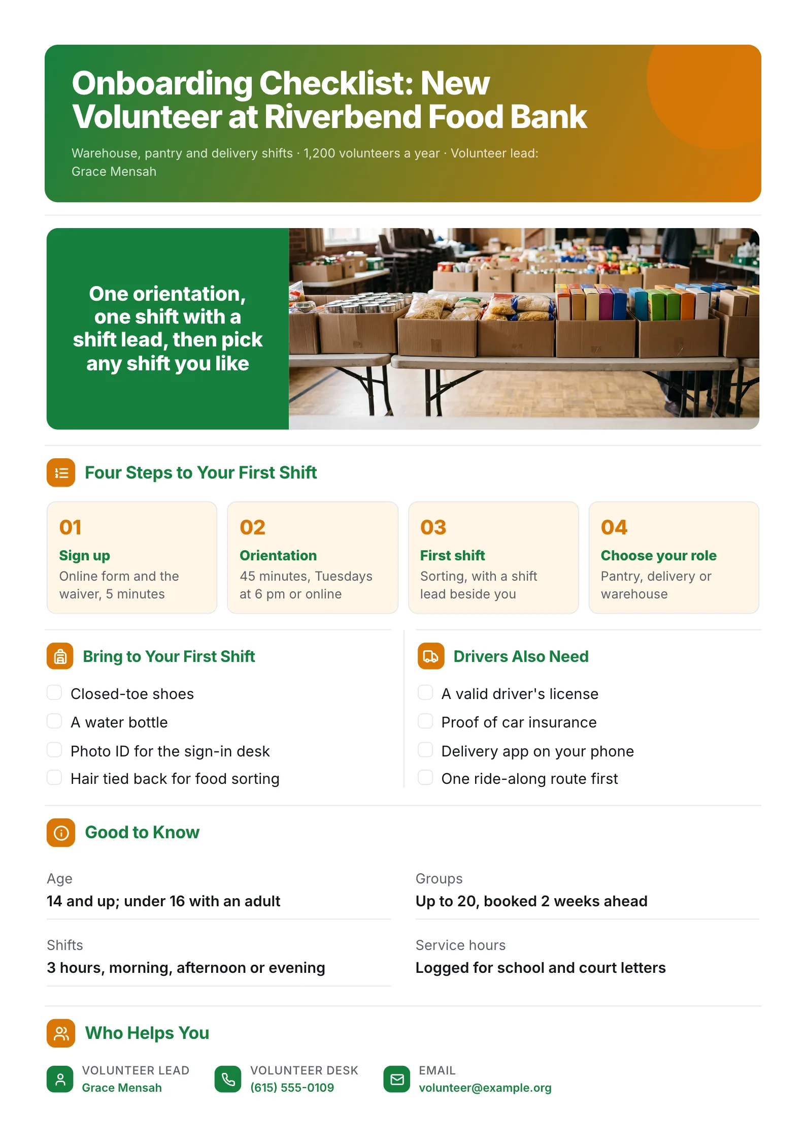Food bank volunteer onboarding checklist One-Pager with first shift steps and what to bring