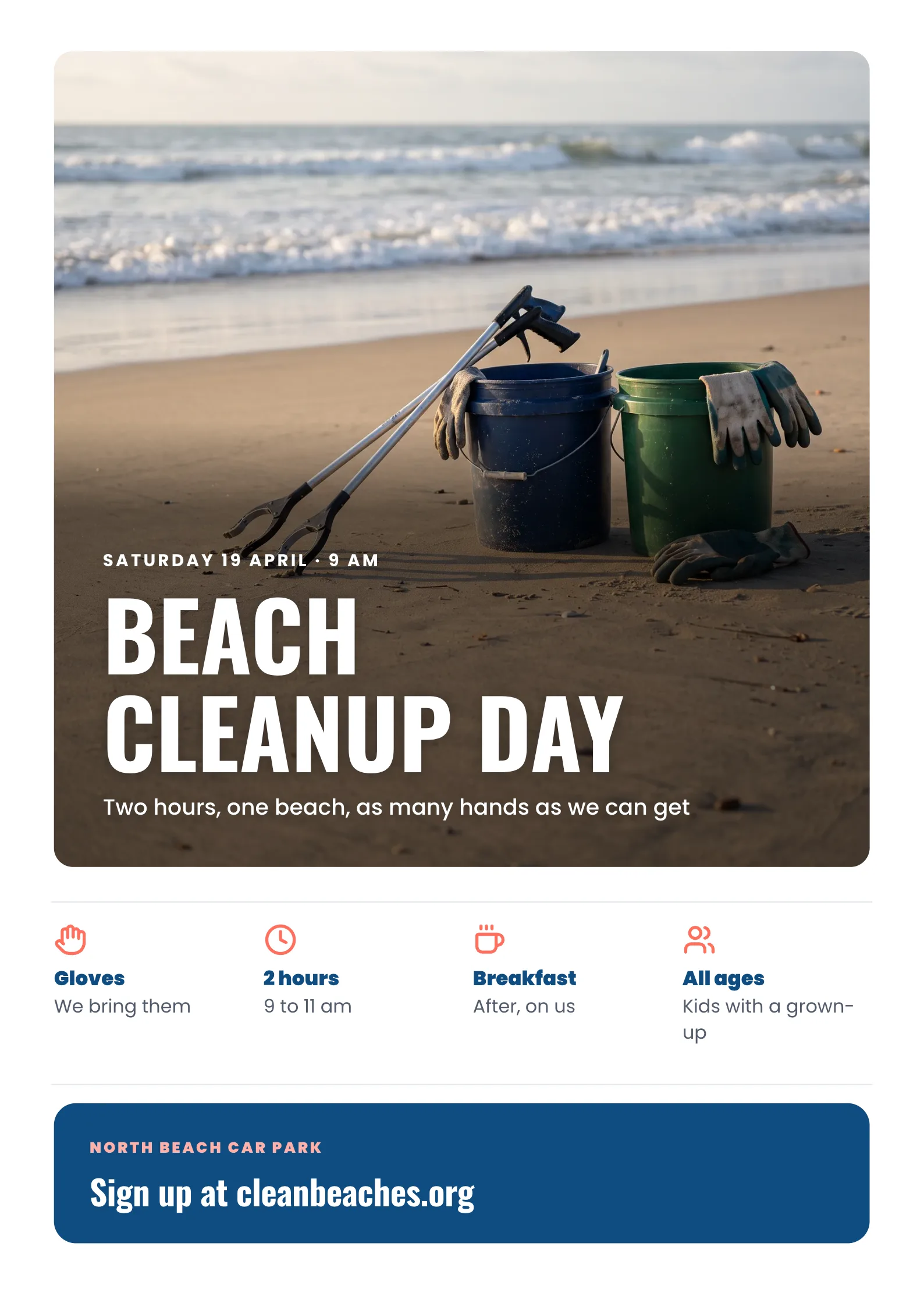 Volunteer Poster with buckets, litter grabbers and gloves on the sand at morning with waves behind