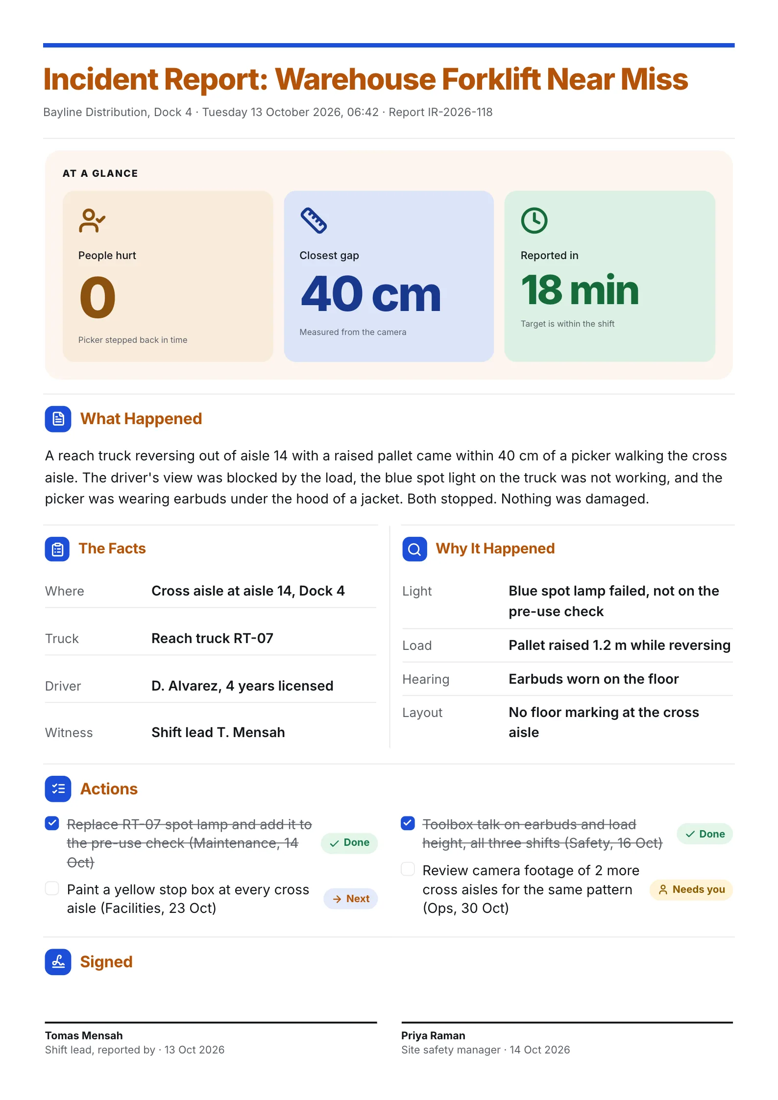 Warehouse forklift near miss incident report One-Pager with facts, causes and corrective actions