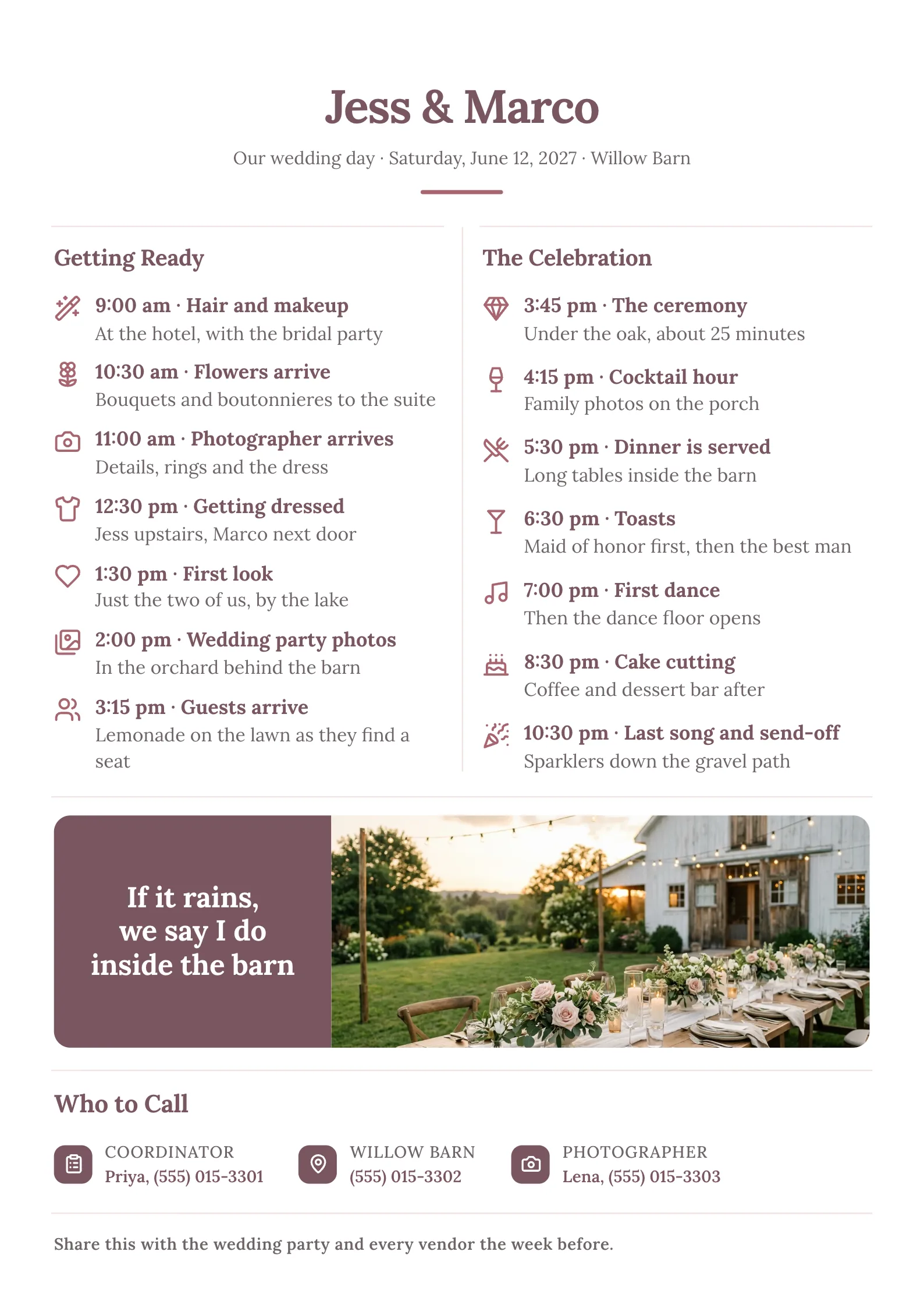 Wedding day timeline One-Pager template with thirteen times from hair and makeup to the send-off, who each is for, and the coordinator, venue and rain plan