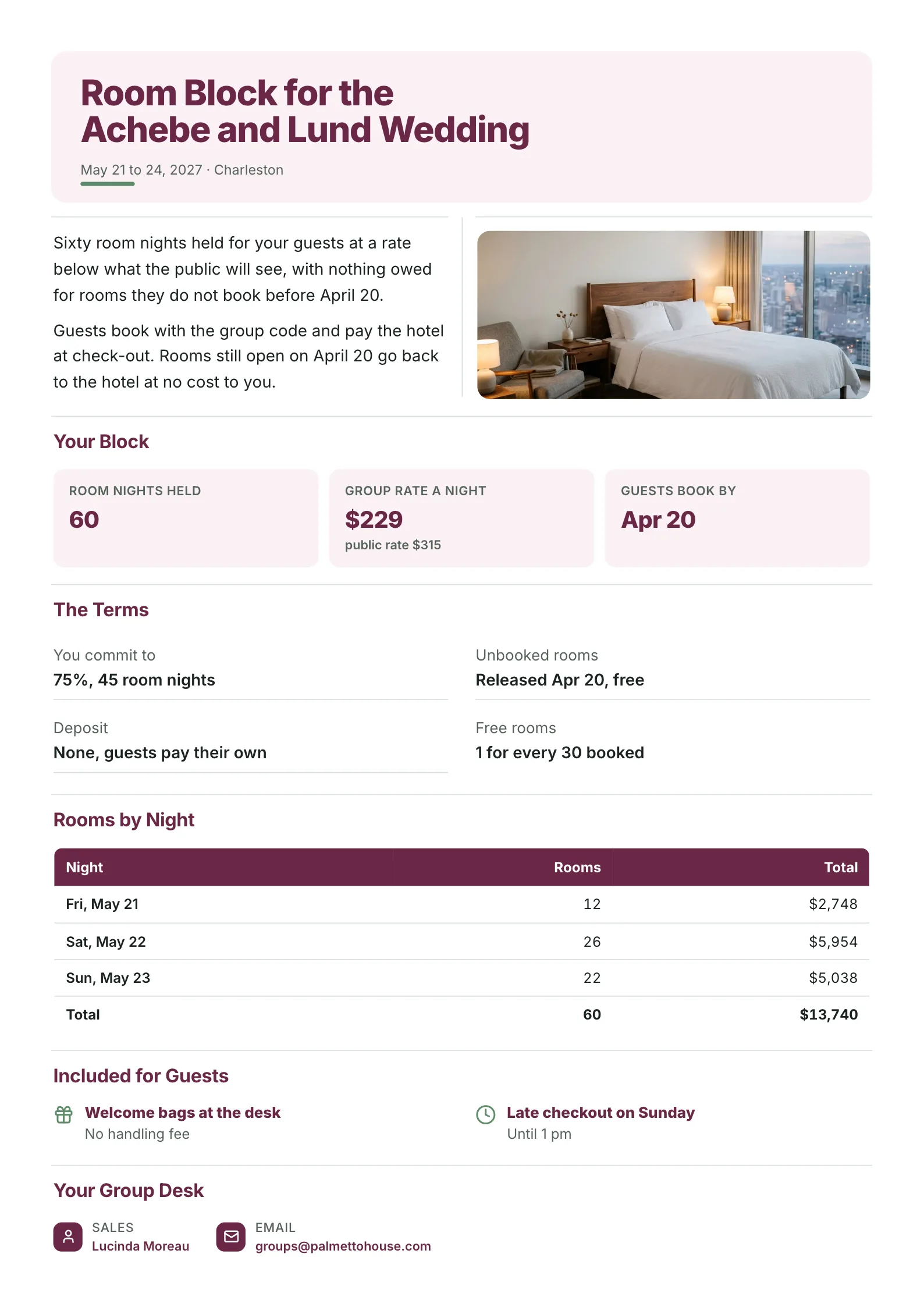 Wedding hotel room block One-Pager template with a hotel bedroom photo, rooms and group rate, the commitment terms, a rooms by night table, what guests get and the hotel's group sales contact