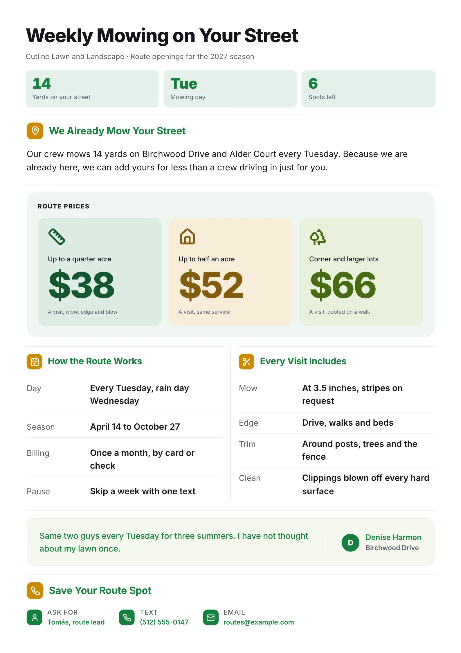Landscaping flyer for a weekly mowing route with three lot size prices, route details and a neighbor quote