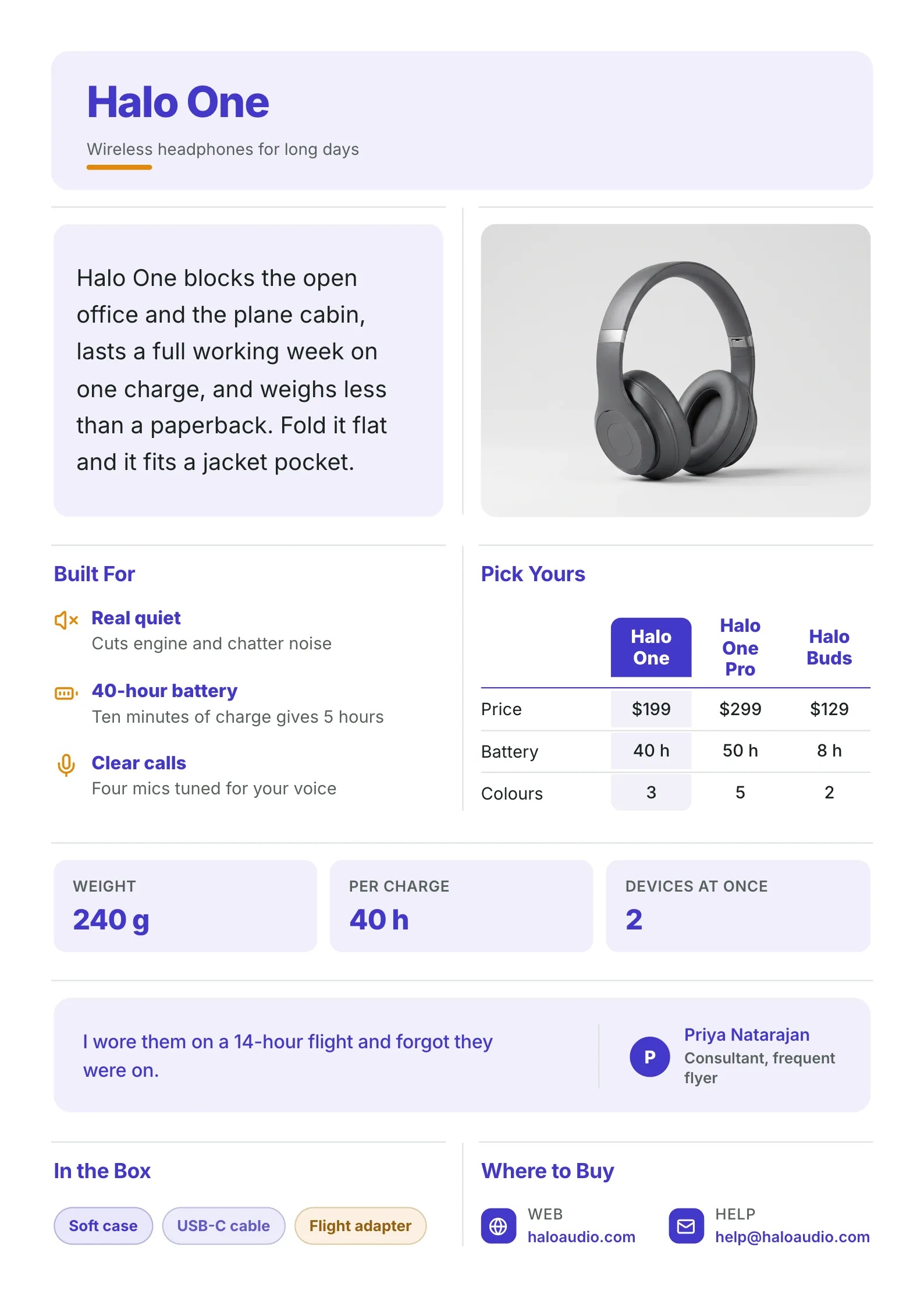 Headphones product sheet One-Pager template with a studio product photo, what they are built for, a comparison grid of three models, weight and battery figures, a review quote and where to buy