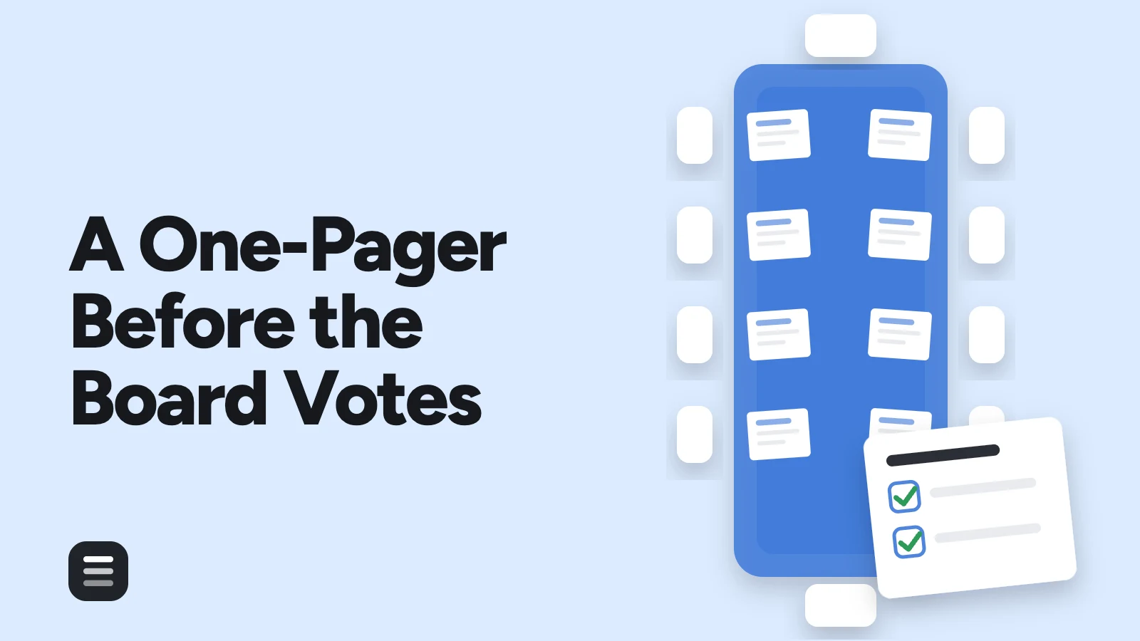 A One-Pager Before the Board Votes: a boardroom table with a paper at every seat and a ballot