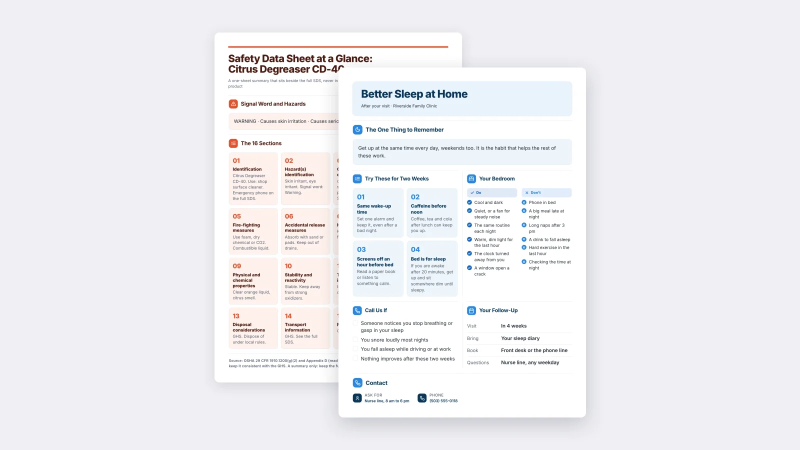 Two One-Pagers made with MakeOnepagers: a patient handout on better sleep at home, in plain steps, in front of a safety data sheet summary