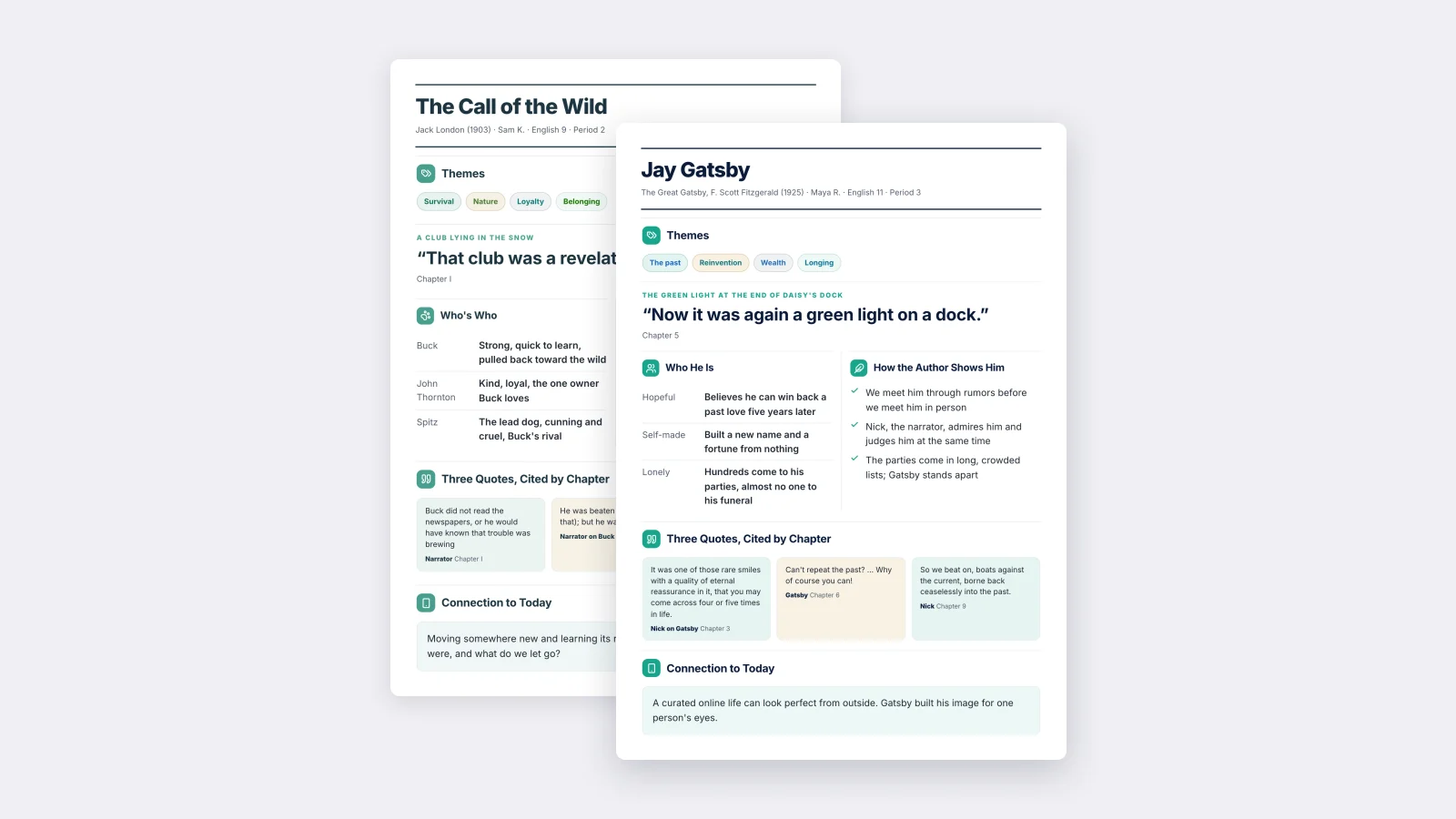 Two classroom One-Pagers made with MakeOnepagers: a Character One-Pager on Jay Gatsby in front of a Novel One-Pager on The Call of the Wild