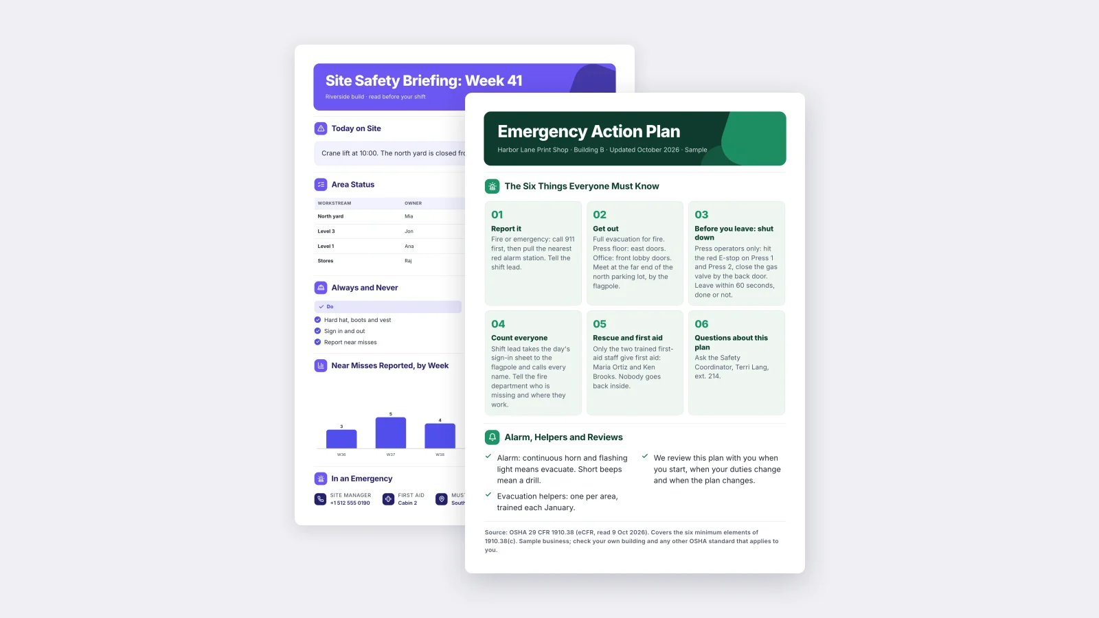 Two workplace One-Pagers made with MakeOnepagers: an emergency action plan with OSHA's six elements in front of a site safety briefing