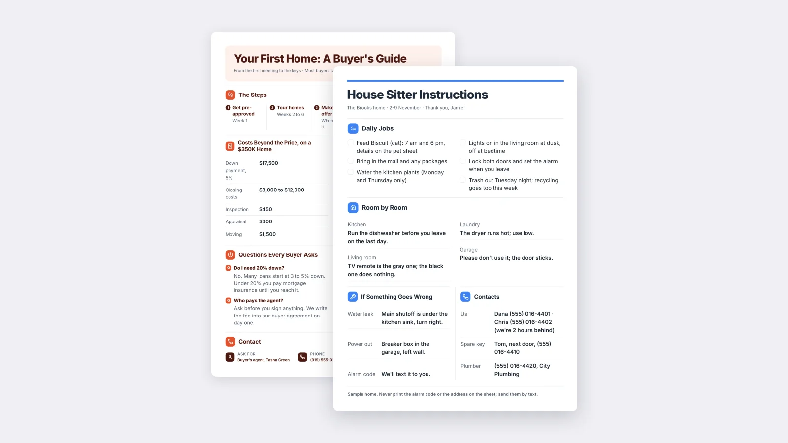 A house sitter instructions One-Pager made with MakeOnepagers, with the address, how to reach the owners, emergency numbers, shutoffs, pets and the weekly routine