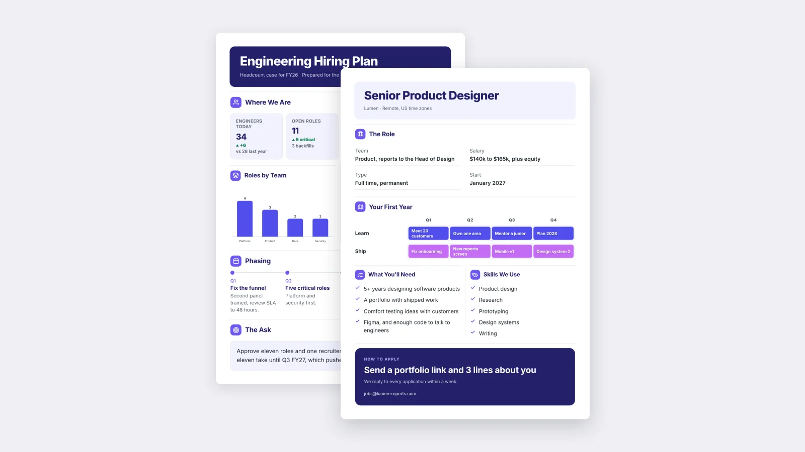 Two One-Pagers made with MakeOnepagers: the Job Description in front of the Hiring Plan