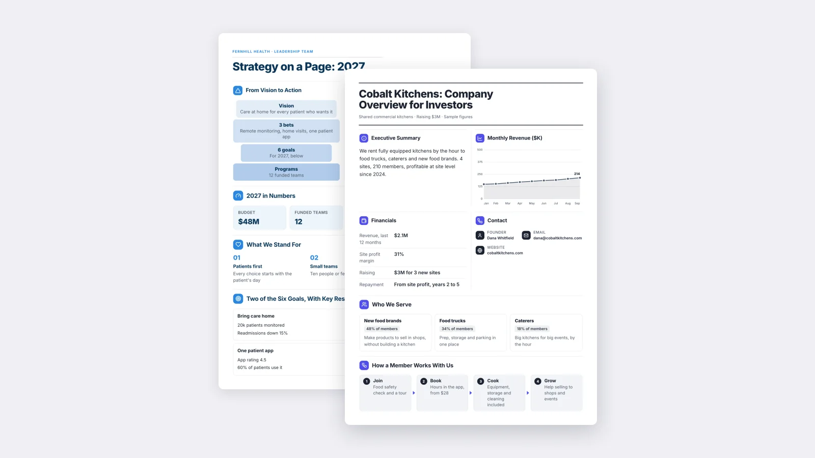 Two One-Pagers made with MakeOnepagers: the Company Overview for Investors in front of the Strategy on a Page