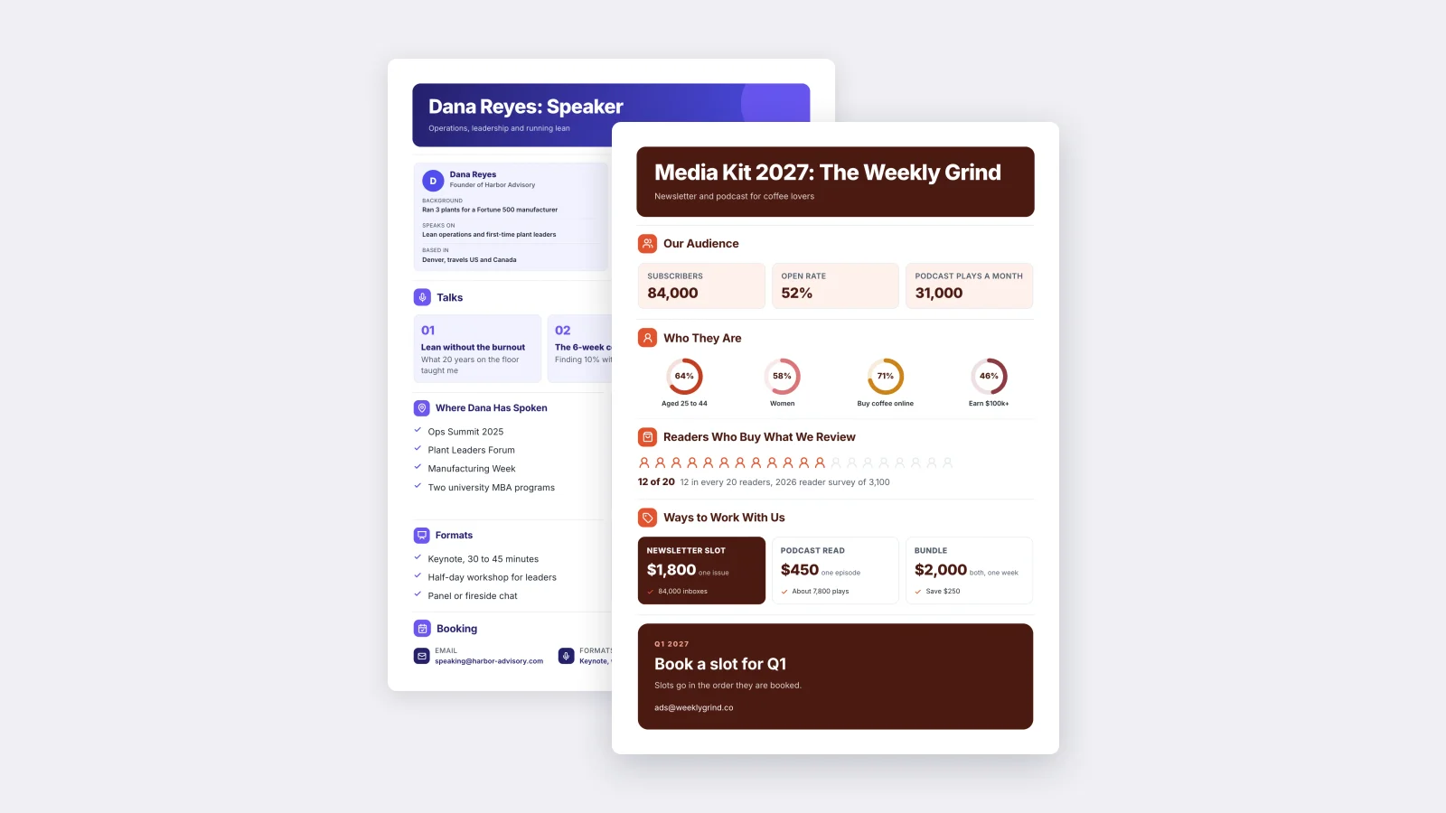 Two One-Pagers made with MakeOnepagers: the Media Kit in front of the Speaker One-Sheet