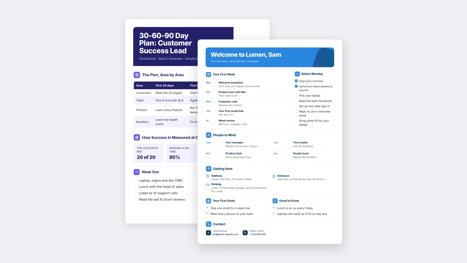 Two onboarding One-Pagers made with MakeOnepagers: a new hire welcome sheet with the first week day by day and who to meet, beside a 30-60-90 day plan