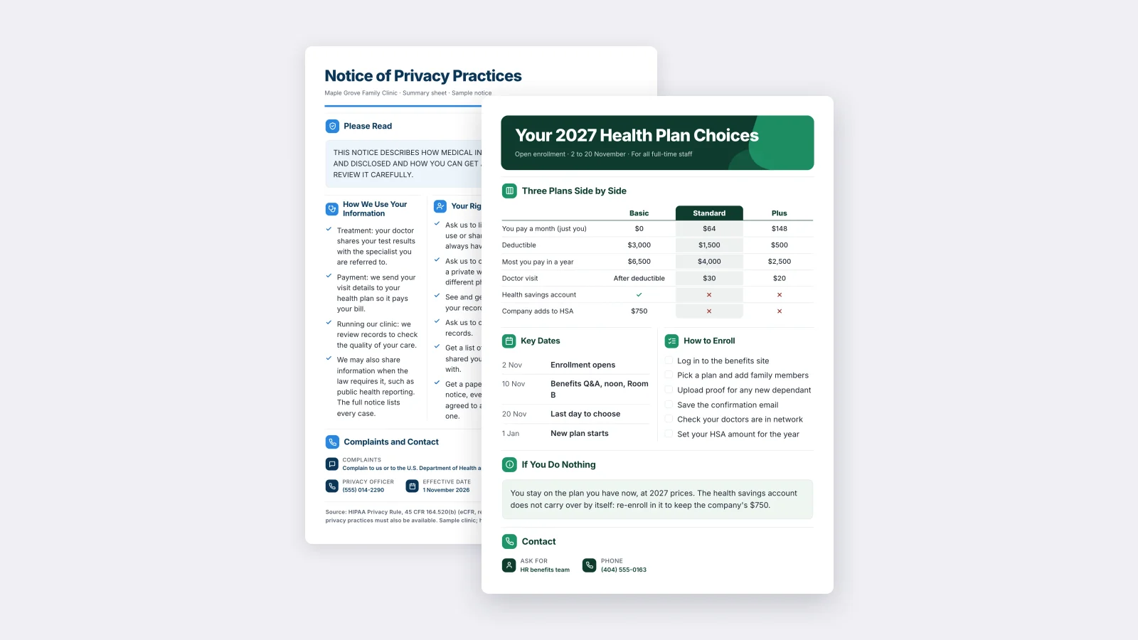 Two health One-Pagers made with MakeOnepagers: a health plan benefits summary with every plan side by side in front of a notice of privacy practices