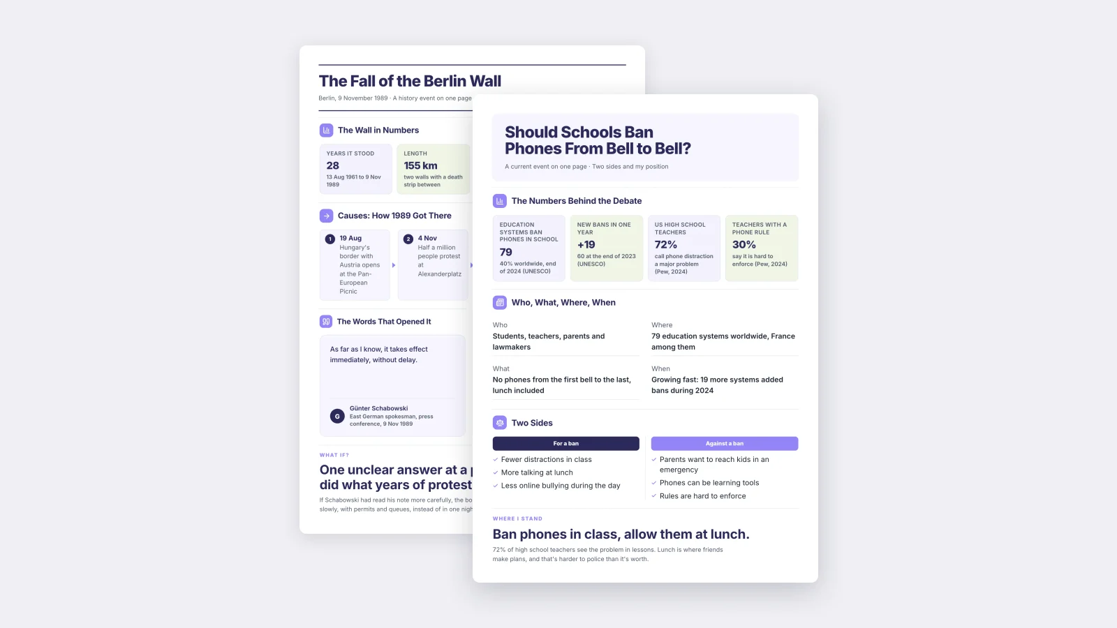 Two student One-Pagers made with MakeOnepagers: a current event on phones in schools, with both sides, in front of a history event on the Berlin Wall