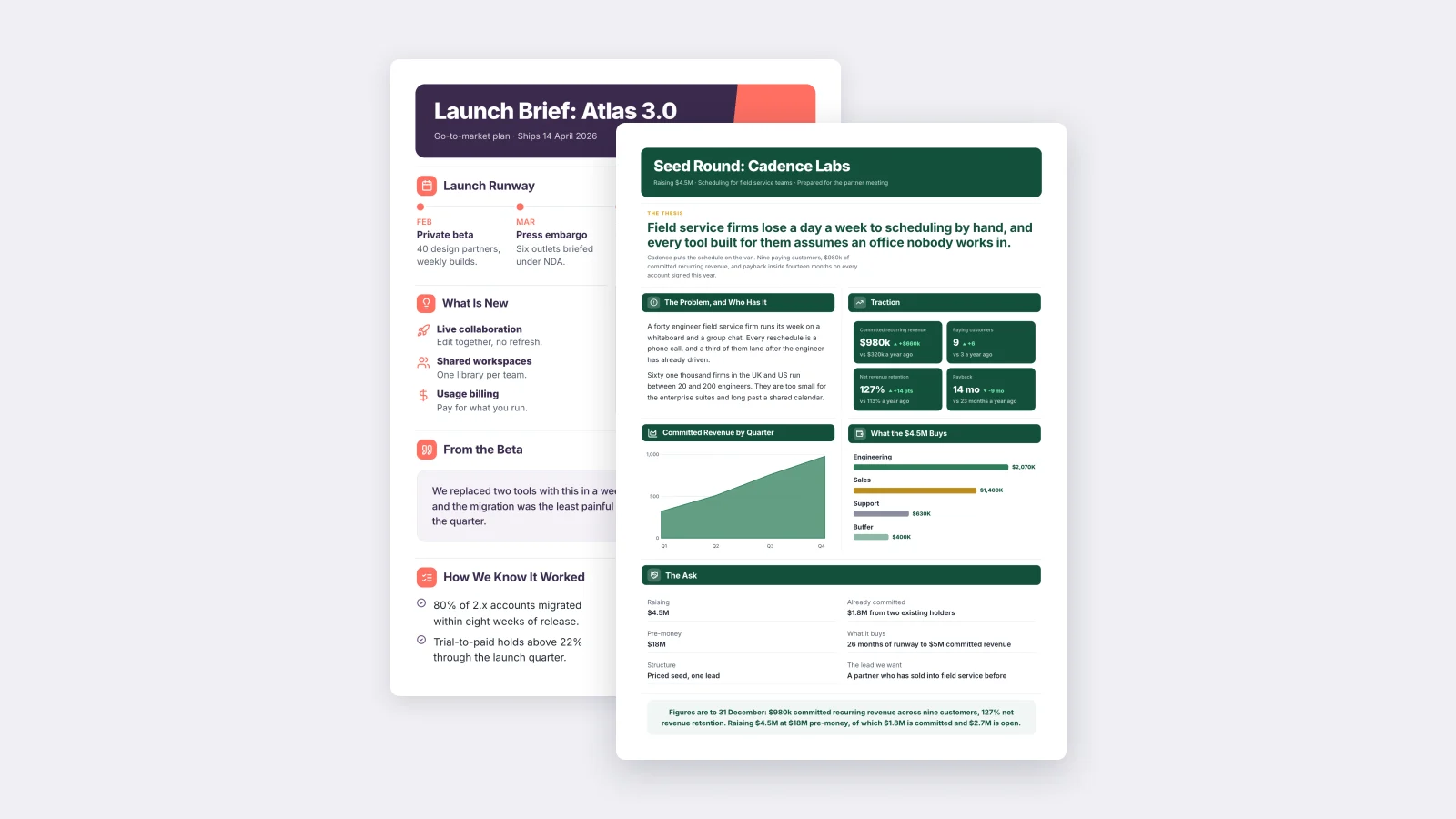 Two One-Pagers made with MakeOnepagers that follow the same outline: a seed round pitch with the thesis, traction and the ask, beside a product launch brief with the runway, what is new and readiness