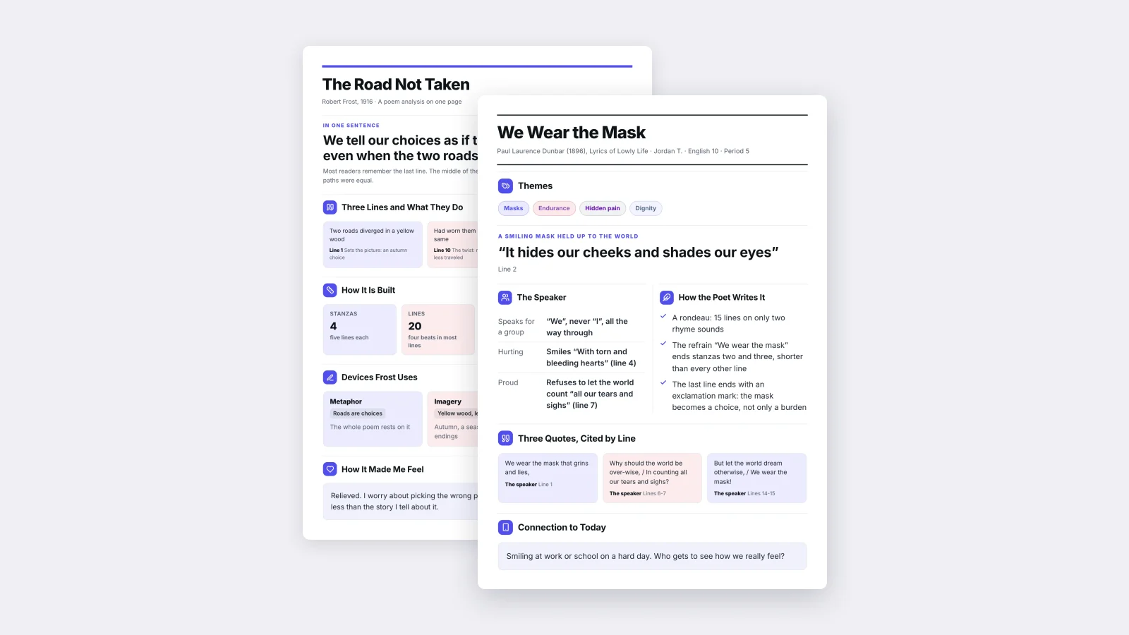Two poetry One-Pagers made with MakeOnepagers: We Wear the Mask by Paul Laurence Dunbar in front of a poem analysis of The Road Not Taken