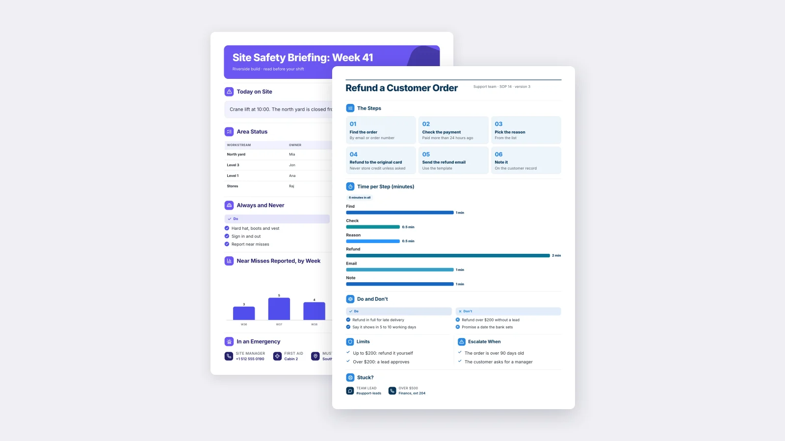 Two One-Pagers made with MakeOnepagers: the SOP Quick Reference in front of the Safety Briefing