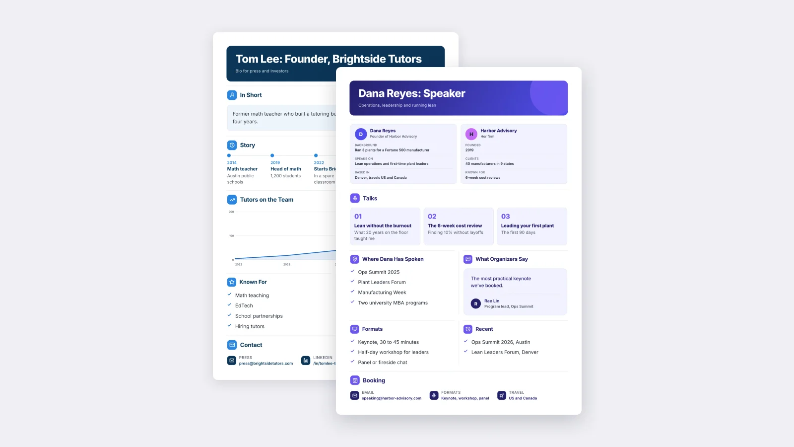 Two One-Pagers made with MakeOnepagers: the Speaker One-Sheet in front of the Founder Bio