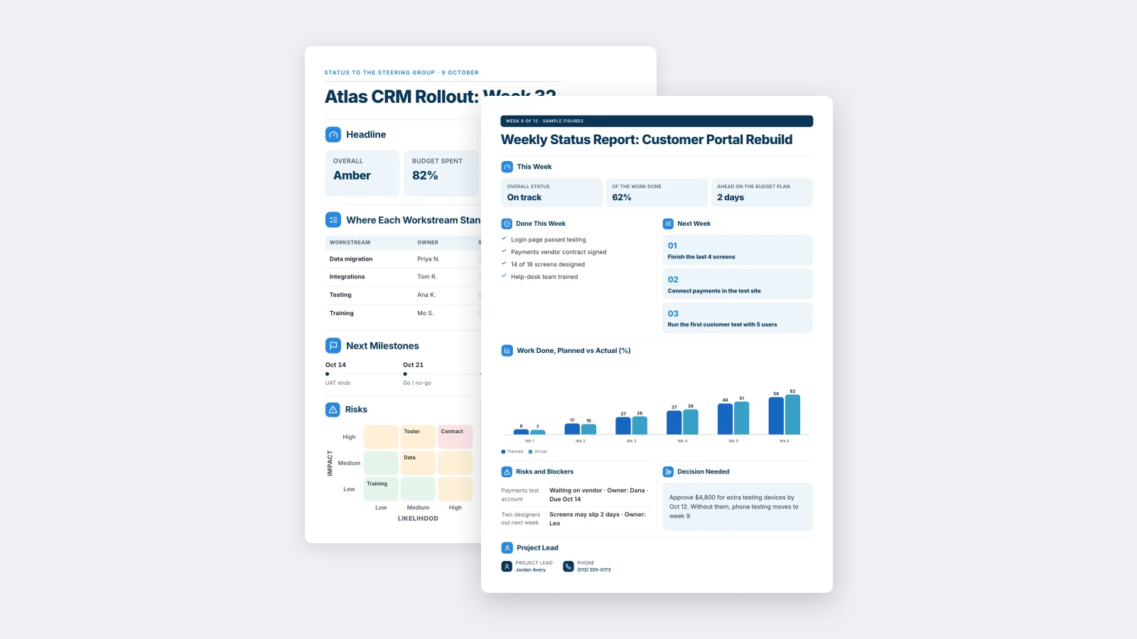 Two One-Pagers made with MakeOnepagers: the Weekly Status Report in front of the Project Status Report