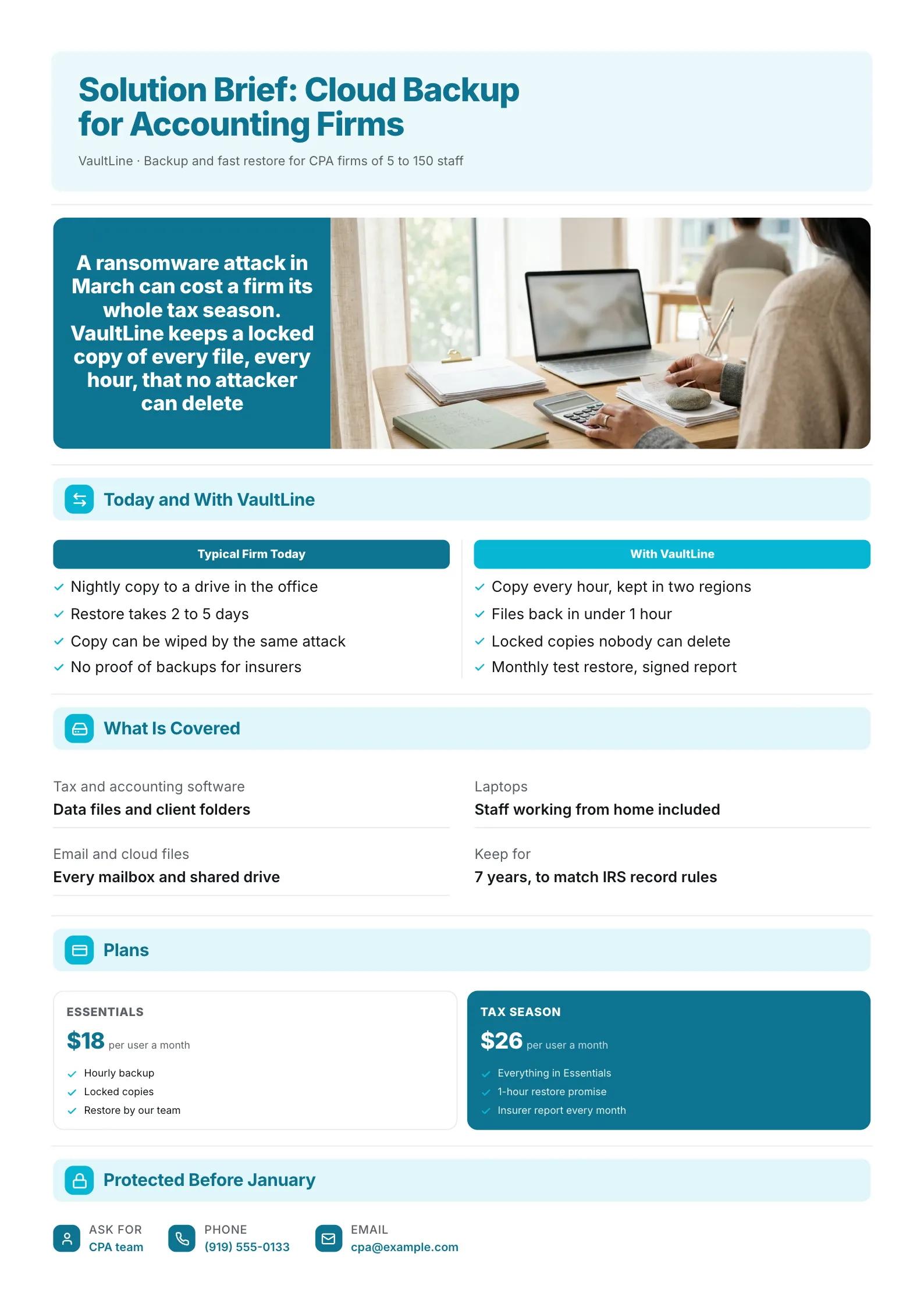 Solution brief One-Pager for accounting firm cloud backup with a before and after comparison and two plans