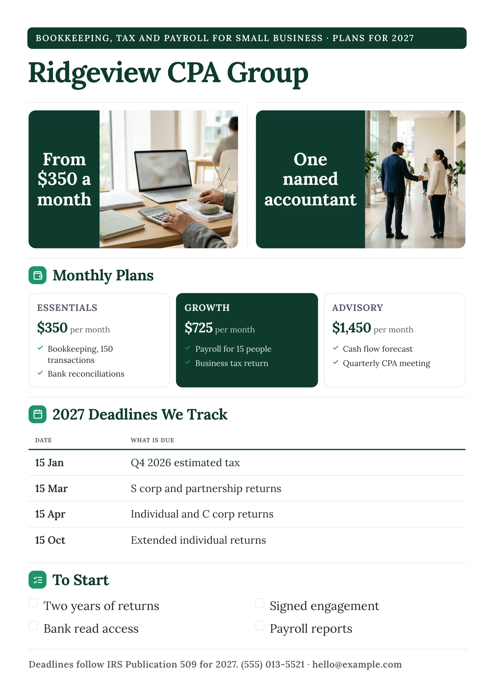 Accounting services sheet with an accountant's desk photo, three priced monthly plans and 2027 tax deadlines