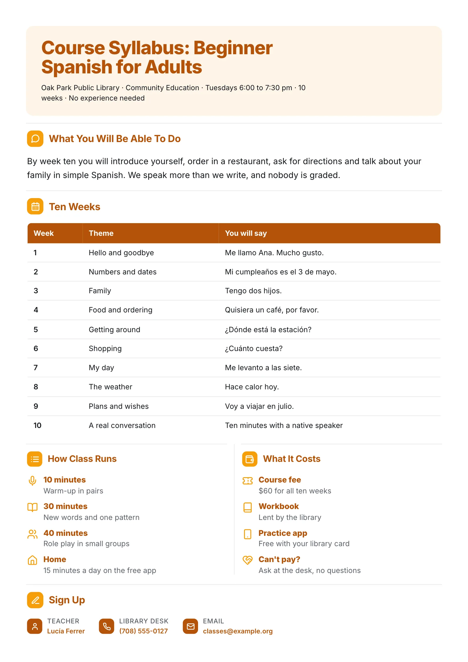 Adult education Spanish course syllabus One-Pager with a ten-week theme table and class costs