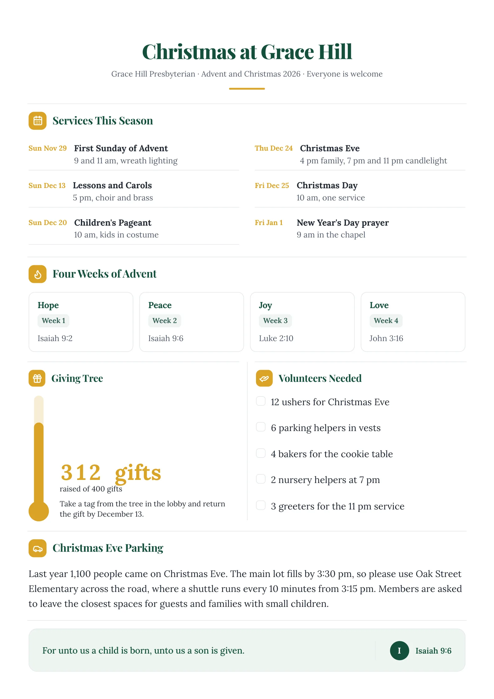 Advent and Christmas church newsletter with the season's services and times, four Advent themes and a giving tree goal
