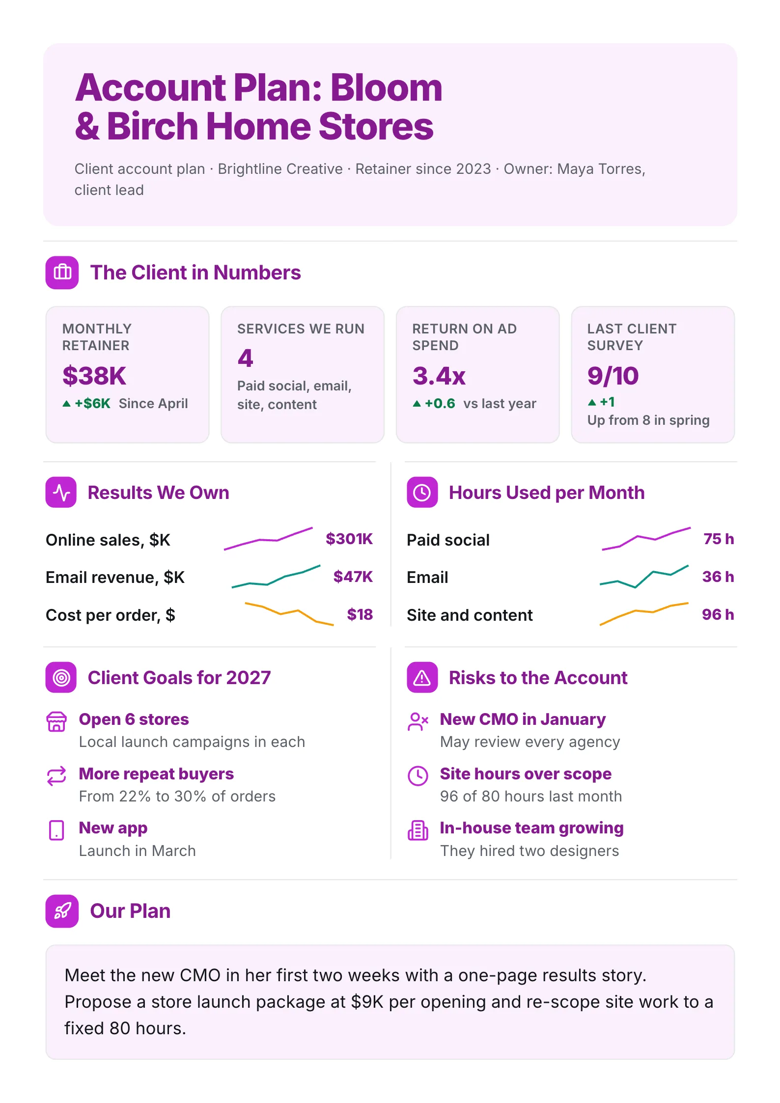 Agency client account plan One-Pager with retainer numbers, result sparklines, hours by service and account risks
