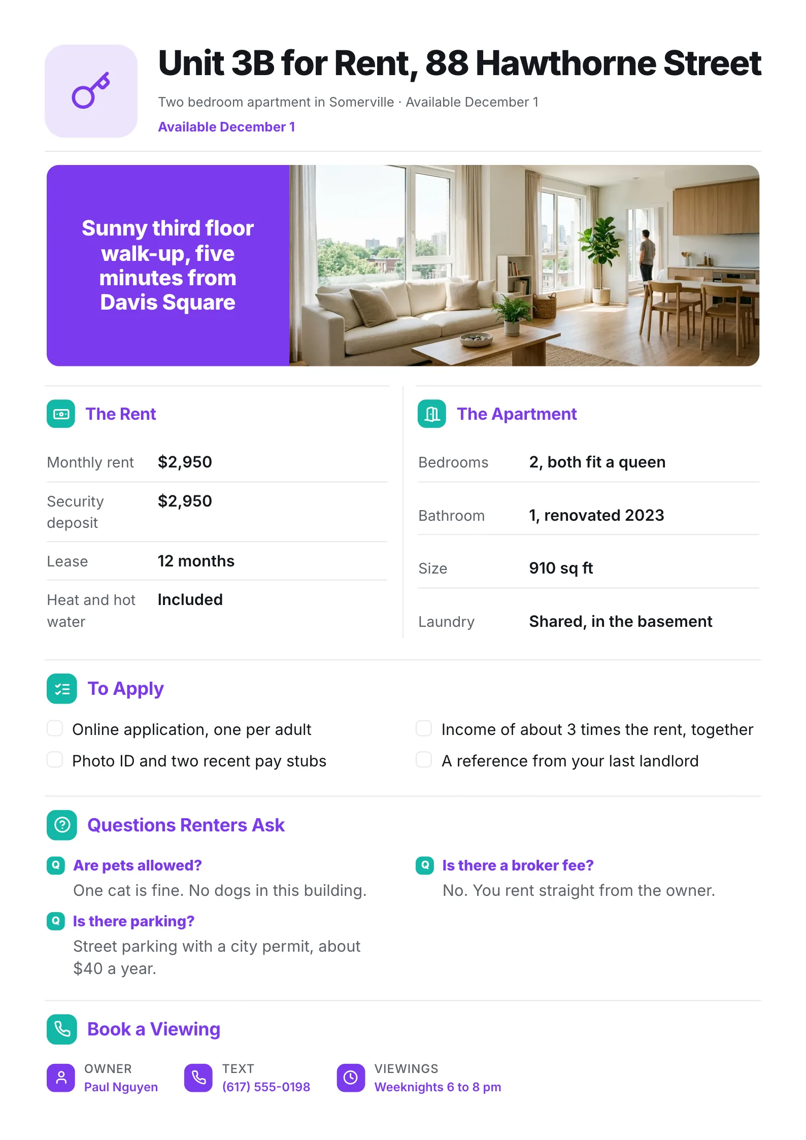 Property fact sheet for an apartment for rent with a living room photo, rent and lease terms and how to apply