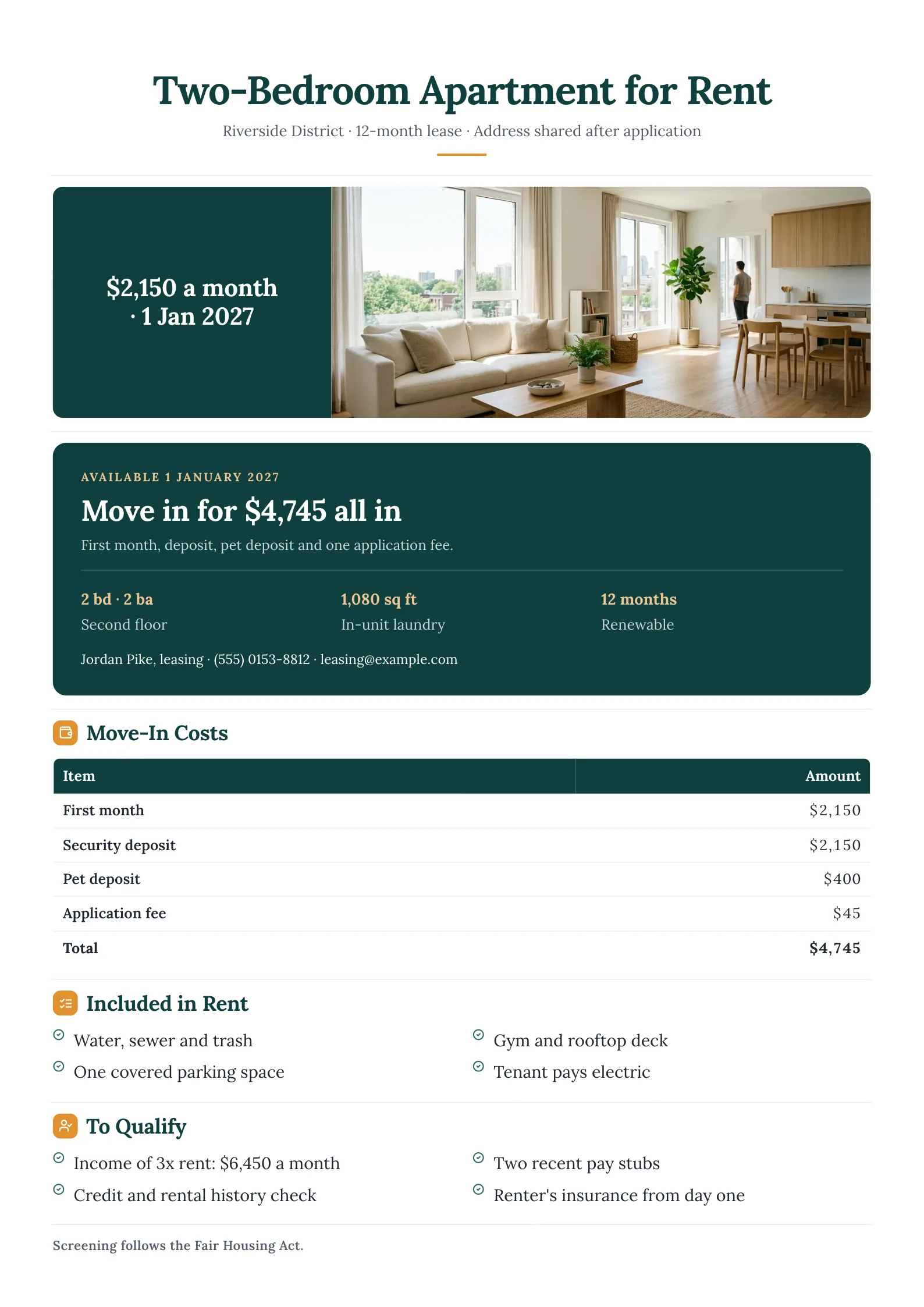 Two-bedroom apartment rental brief with living room photo, move-in cost table and requirements