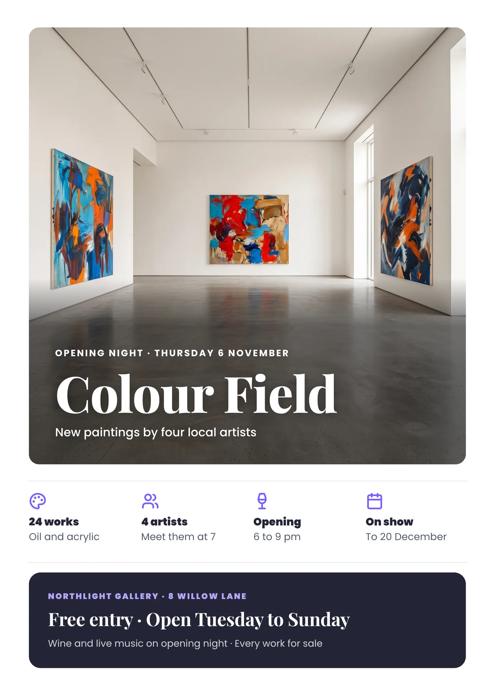 Art Exhibition Poster with a bright white gallery with three large abstract paintings in bold colours on the walls