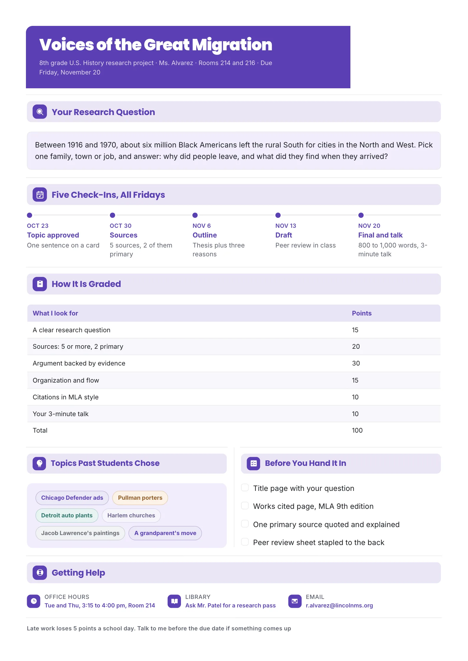 Assignment brief One-Pager template for an 8th grade history research project with the research question, five check-in dates, a grading rubric table, topic ideas and a checklist