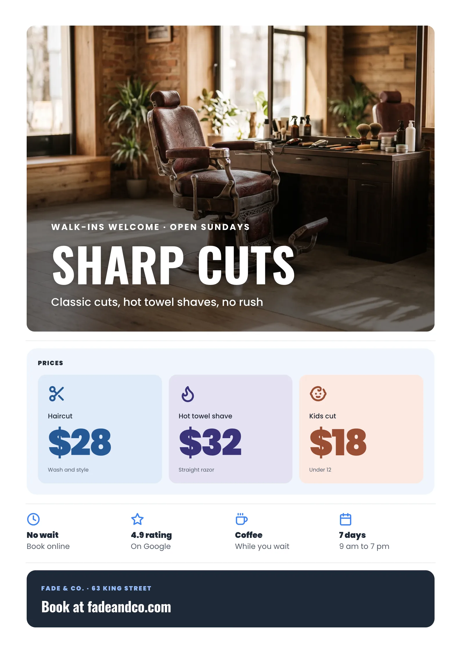 Barber Shop Flyer with a vintage barber chair in a modern barber shop with clippers and combs on the counter
