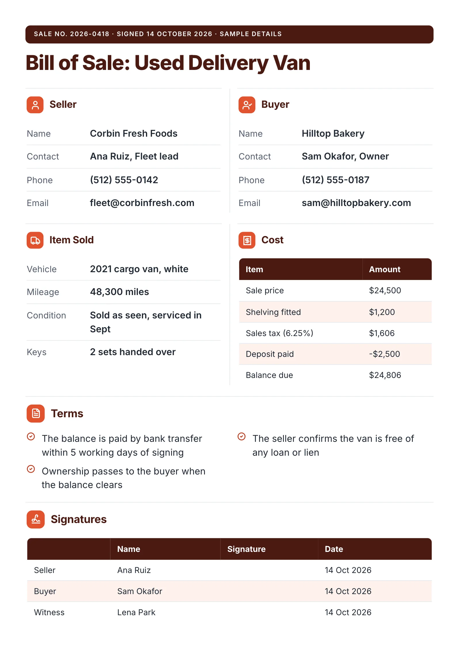 Bill of sale One-Pager template with the seller, the buyer, the item sold, the cost, the terms of sale and a signature block for both sides