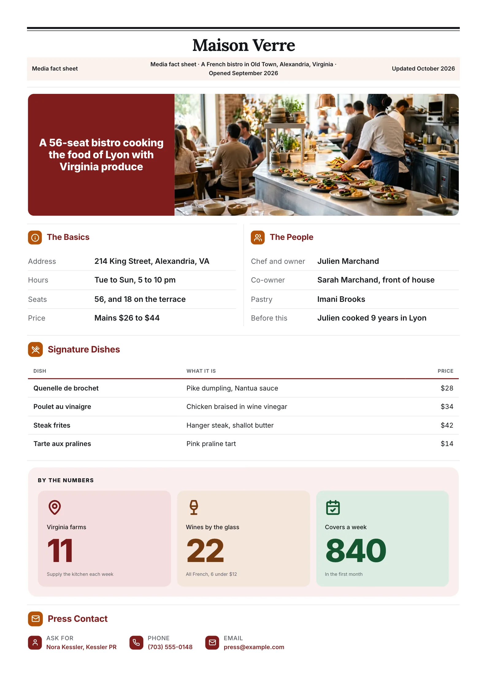 Restaurant fact sheet for a bistro media kit with a chef plating photo, the basics, the people and signature dishes