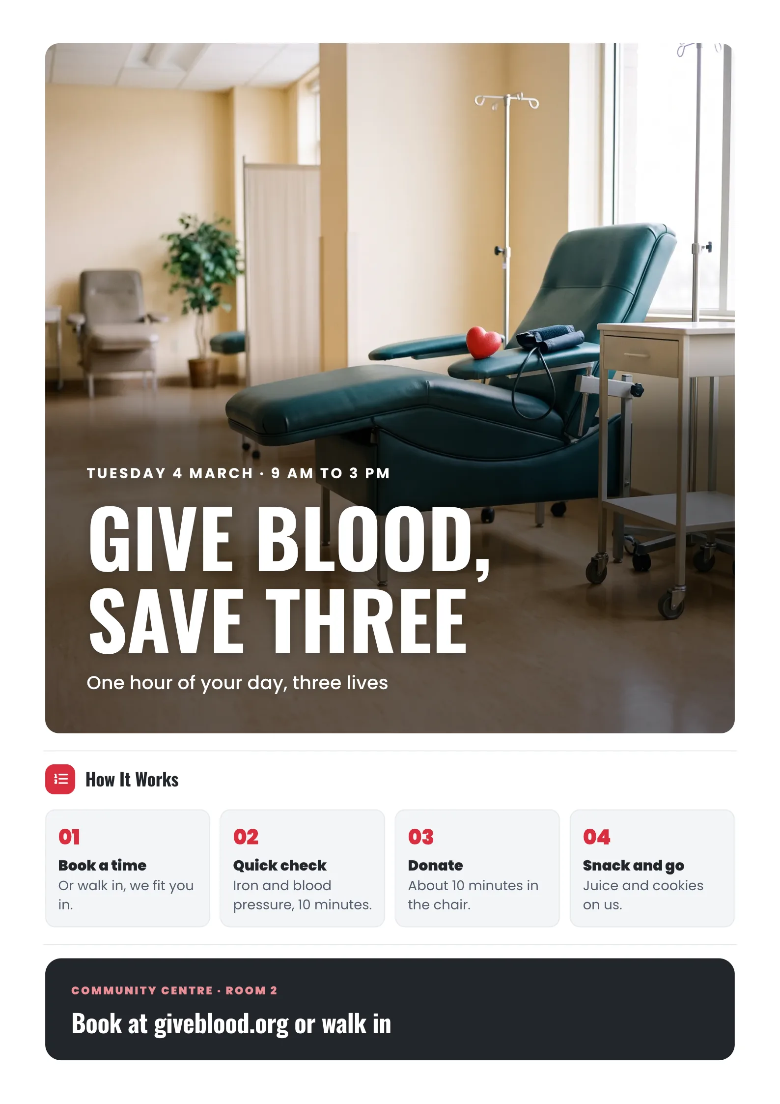 Blood Drive Poster with a bright blood donation room with a reclining donor chair and a blood pressure cuff