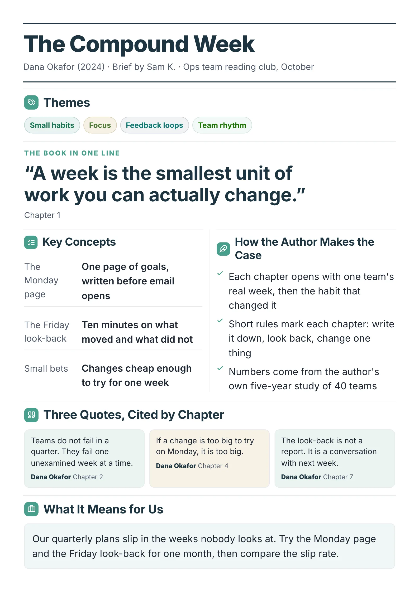 Book brief for a business book on small daily habits at work with themes, the core idea, key concepts, three quotes and what it means for us