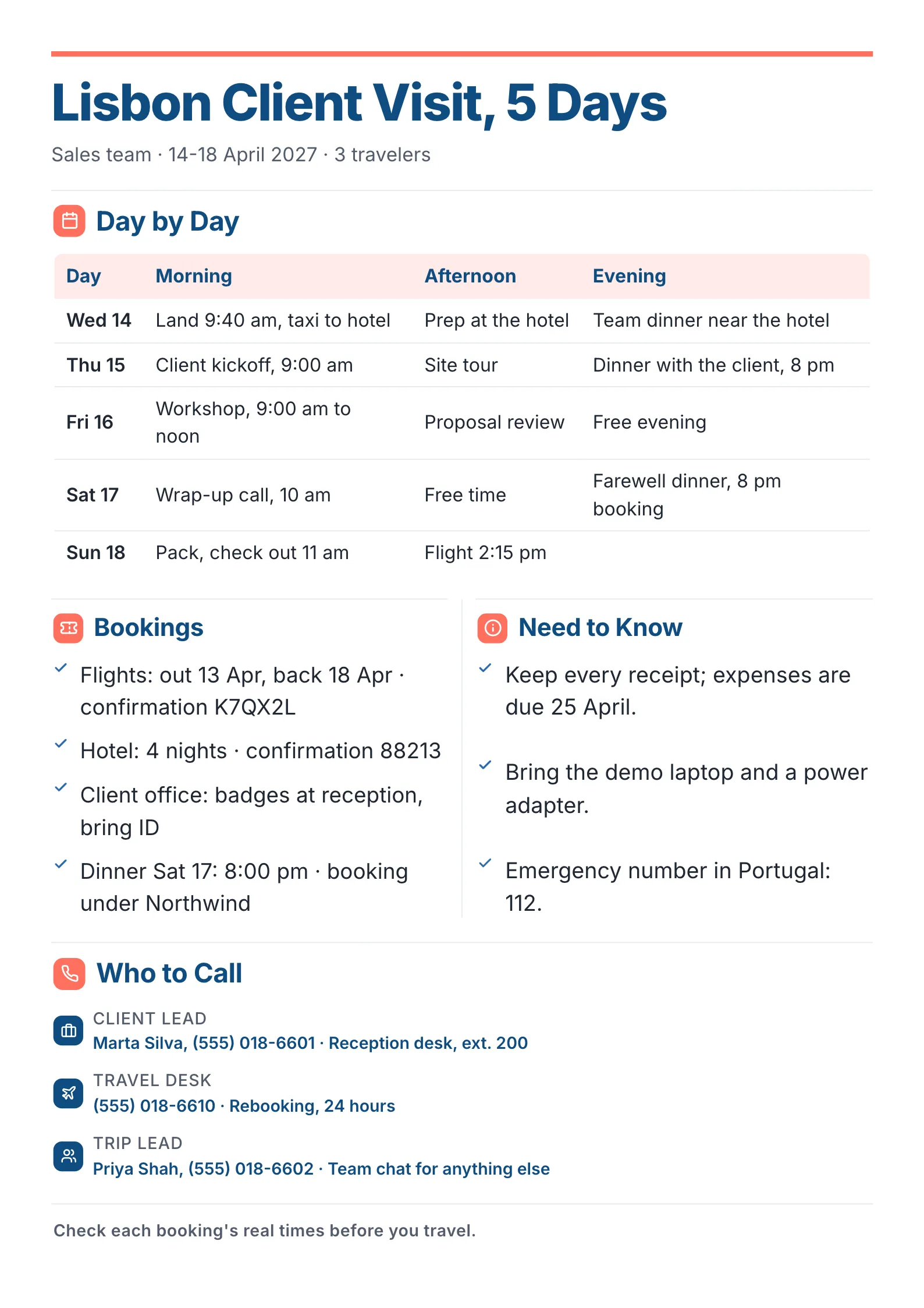 Business trip itinerary for a three-person team in Lisbon, day by day, with meetings, bookings and travel notes