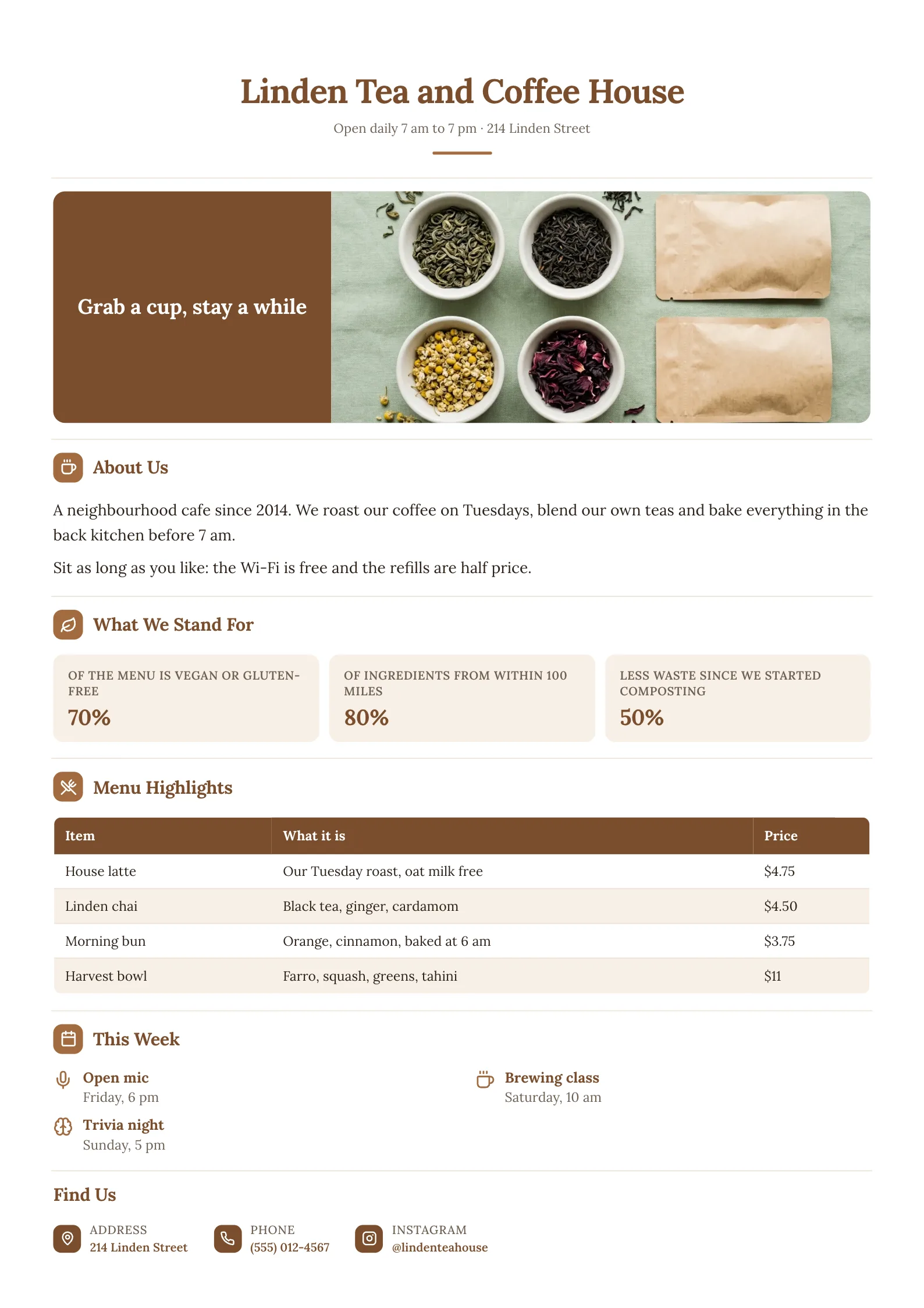 Cafe One-Pager template for a tea and coffee house with a photo, the cafe's story, values in three numbers, a priced menu table, this week's events and where to find it