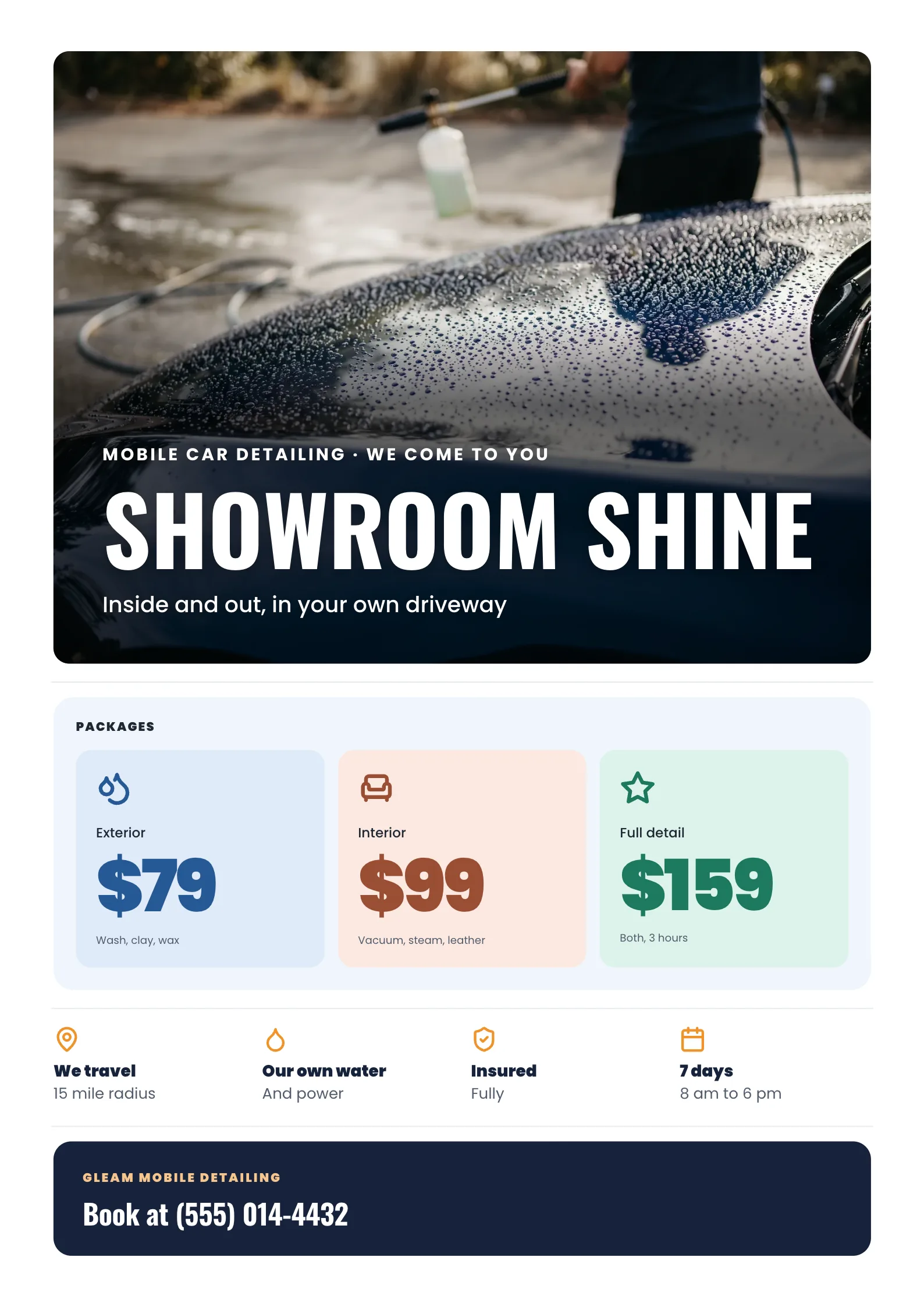 Car Detailing Flyer with the shiny hood of a dark blue car beaded with water after a detail wash