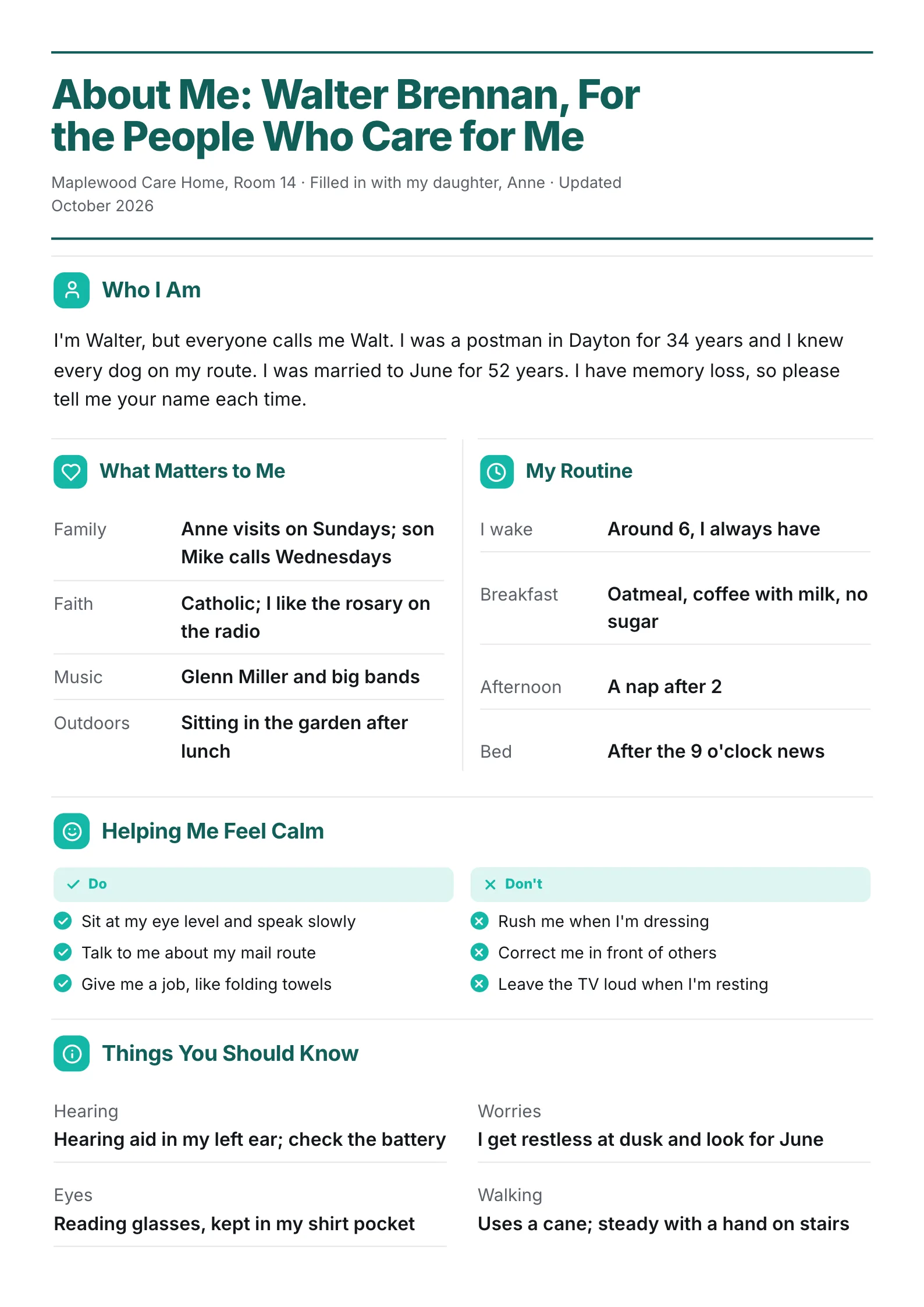 Care home about me One-Pager for a resident with what matters, daily routine and a do and don't list