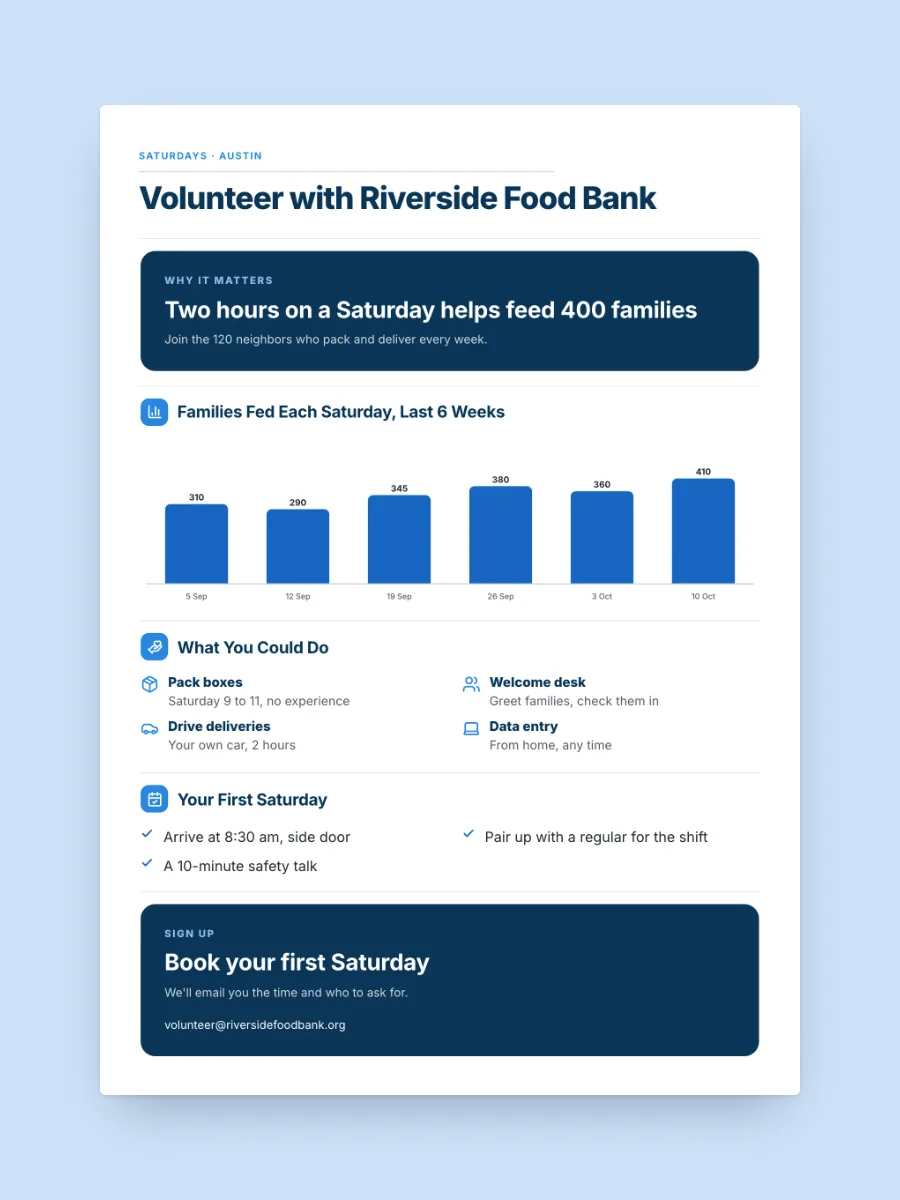 Volunteer Recruitment One-Pager, one of our free nonprofit and public sector one-pager templates, ready to edit