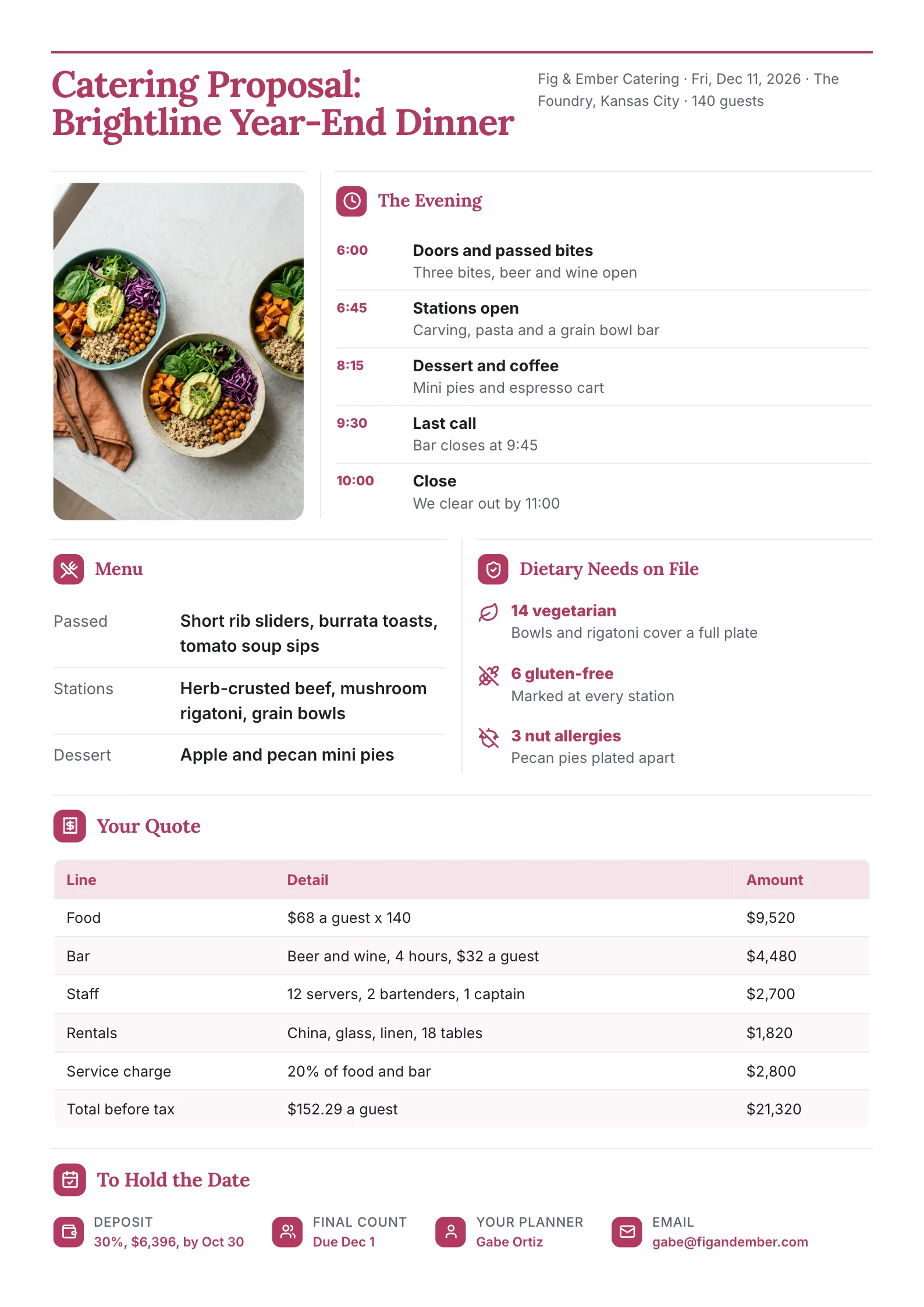 Catering proposal One-Pager template for a 140-guest year-end dinner with a food photo, the evening by the hour, the menu, dietary needs on file and a priced quote