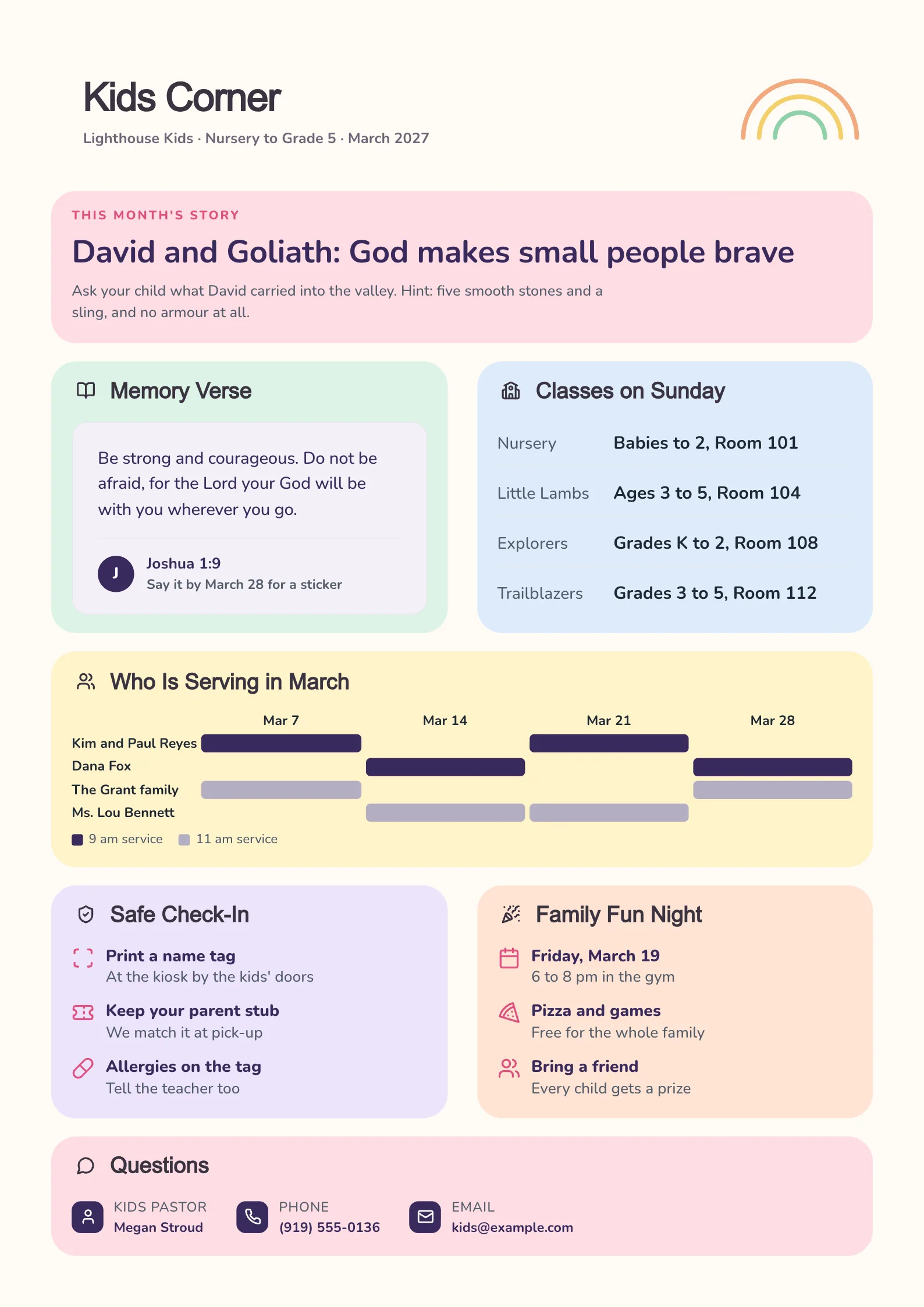 Children's ministry church newsletter with the month's Bible story, memory verse, classes by age and a volunteer rota