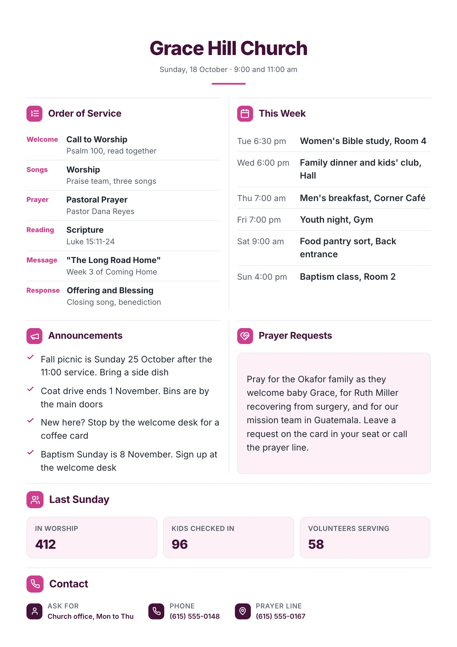 Church bulletin One-Pager template with the order of service, this week's events, announcements, prayer requests, last Sunday's numbers and a contact