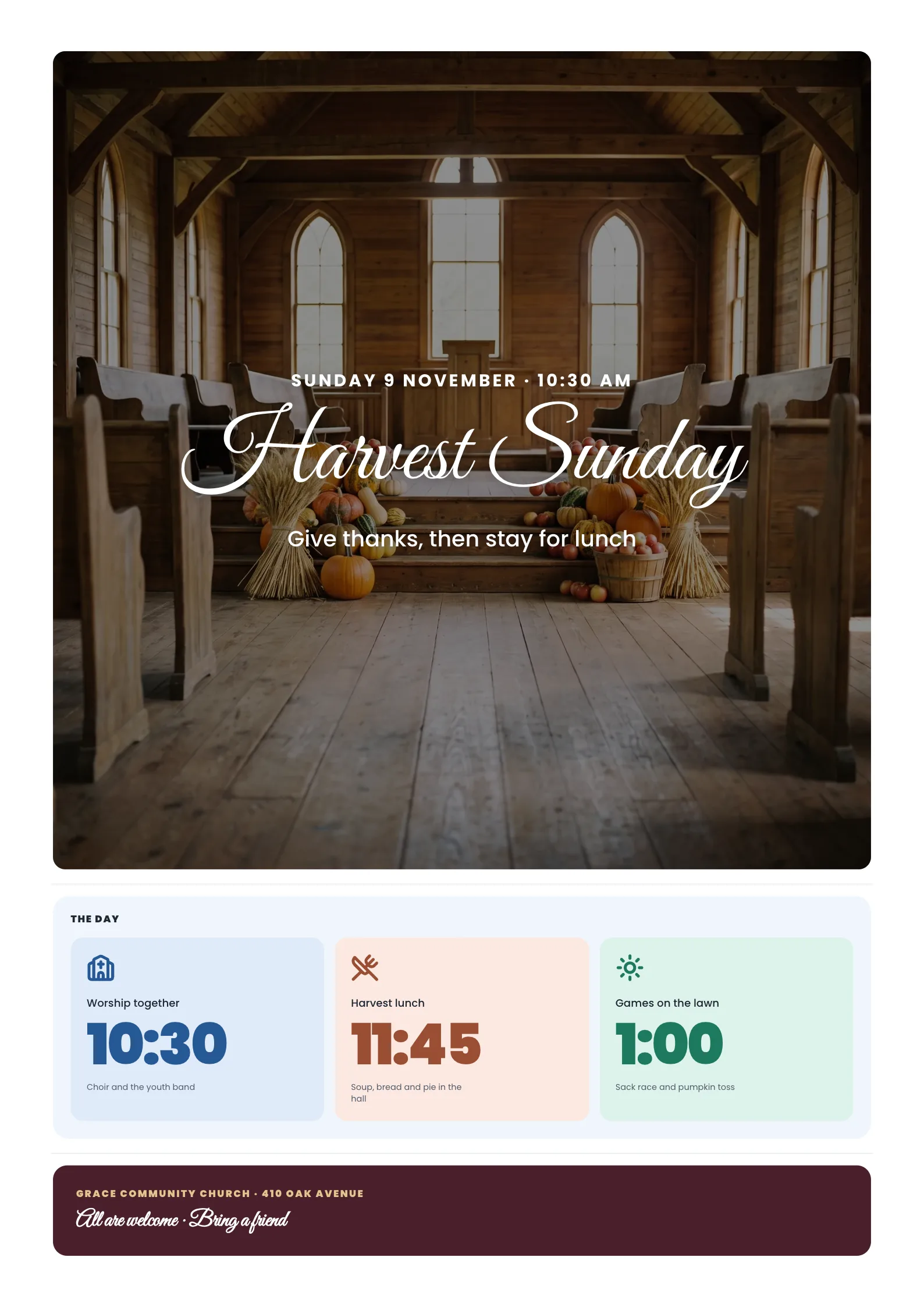 Church event poster with a script title over a sanctuary decorated with pumpkins and wheat, a schedule and a welcome band