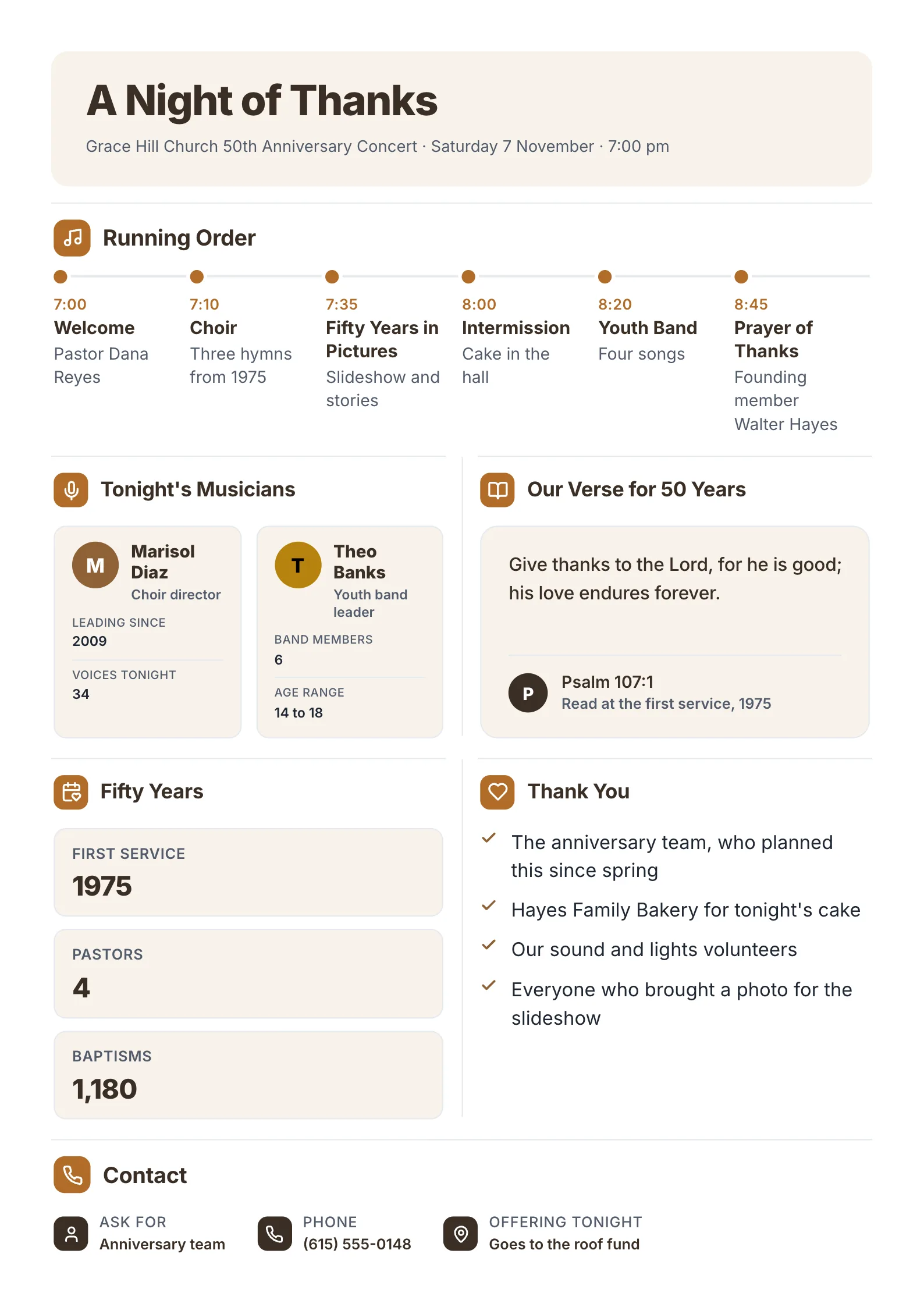 Church event program One-Pager template for an anniversary concert with the running order, the musicians, a verse, fifty years in numbers and a thank you