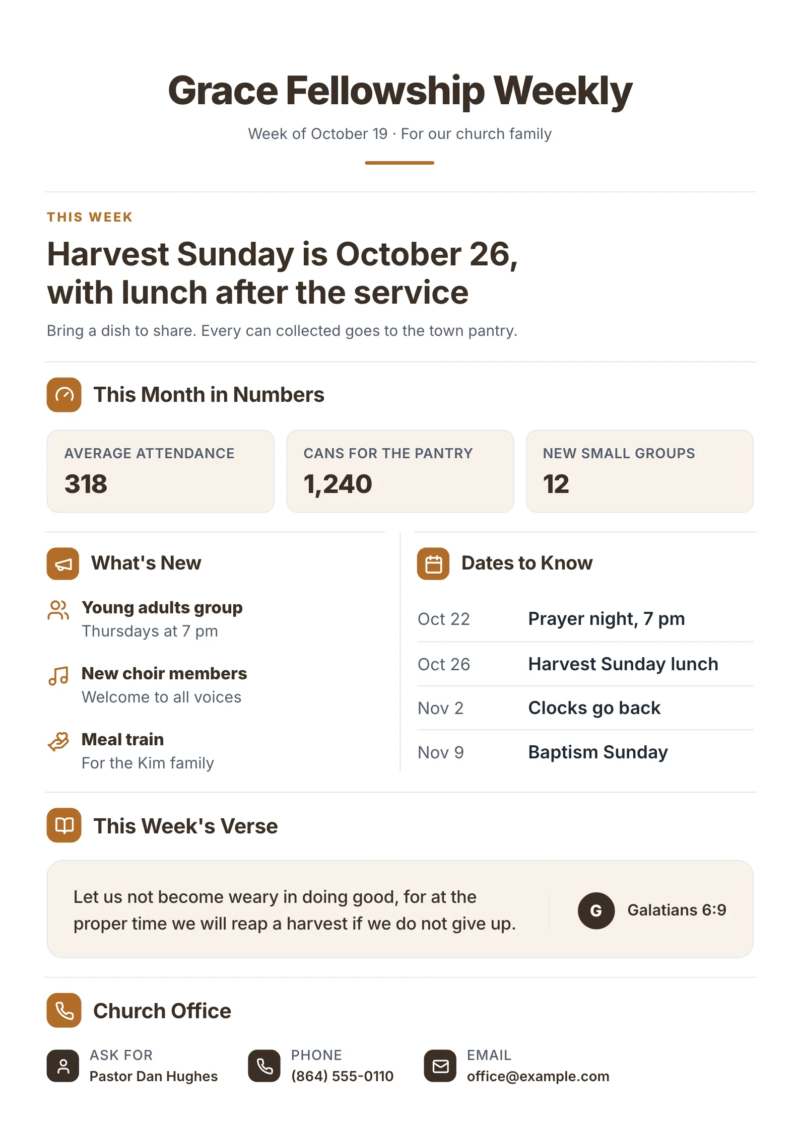 Church newsletter One-Pager template with this week's news, the month in numbers, what's new, dates to know, a verse and the church office contact