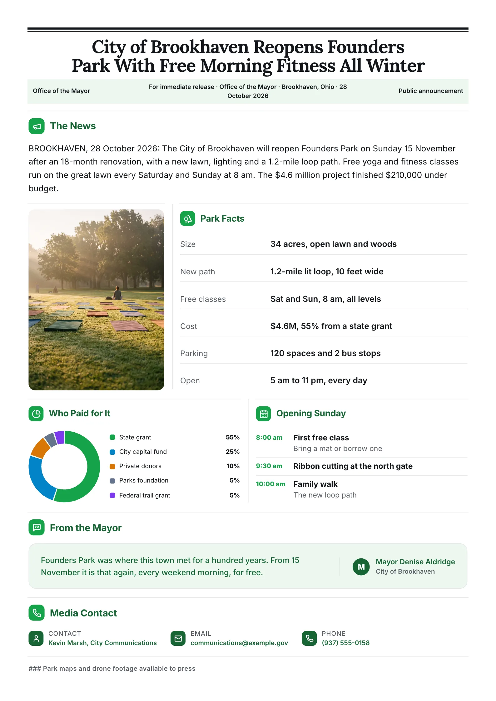 City public announcement press release One-Pager with park facts, a funding donut and opening schedule