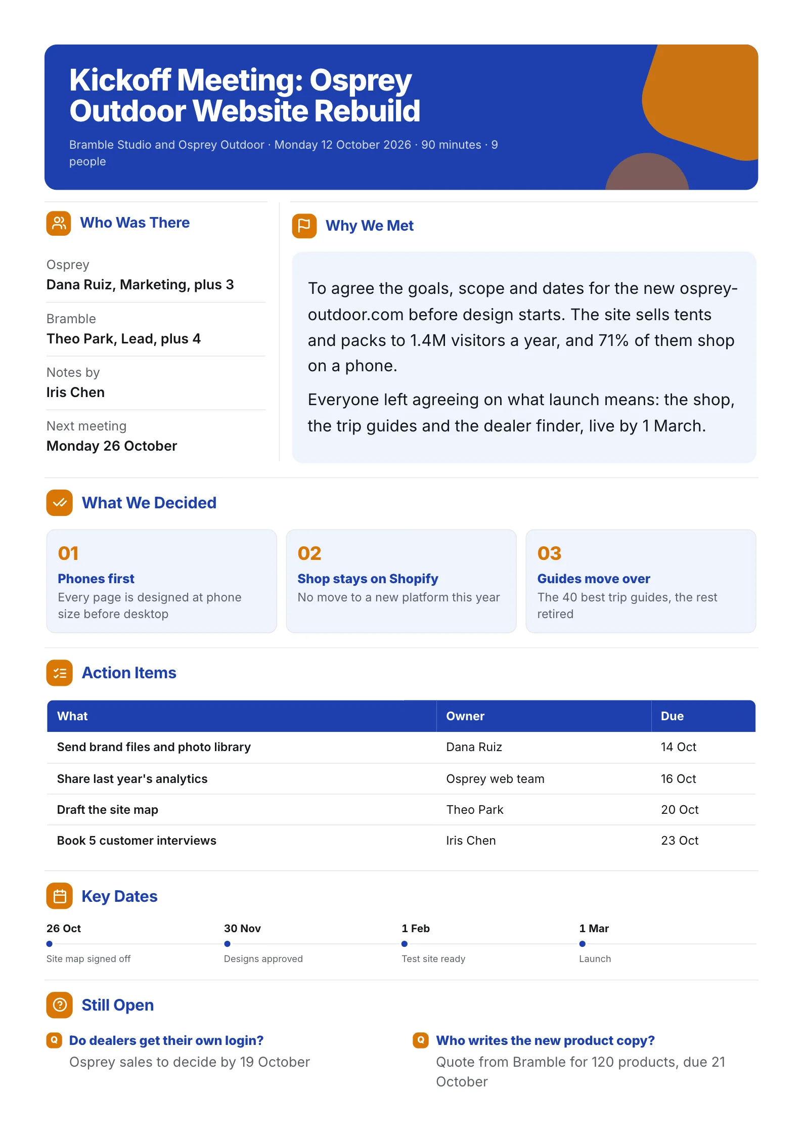 Client kickoff meeting summary One-Pager with attendees, decisions, an action items table with owners and due dates